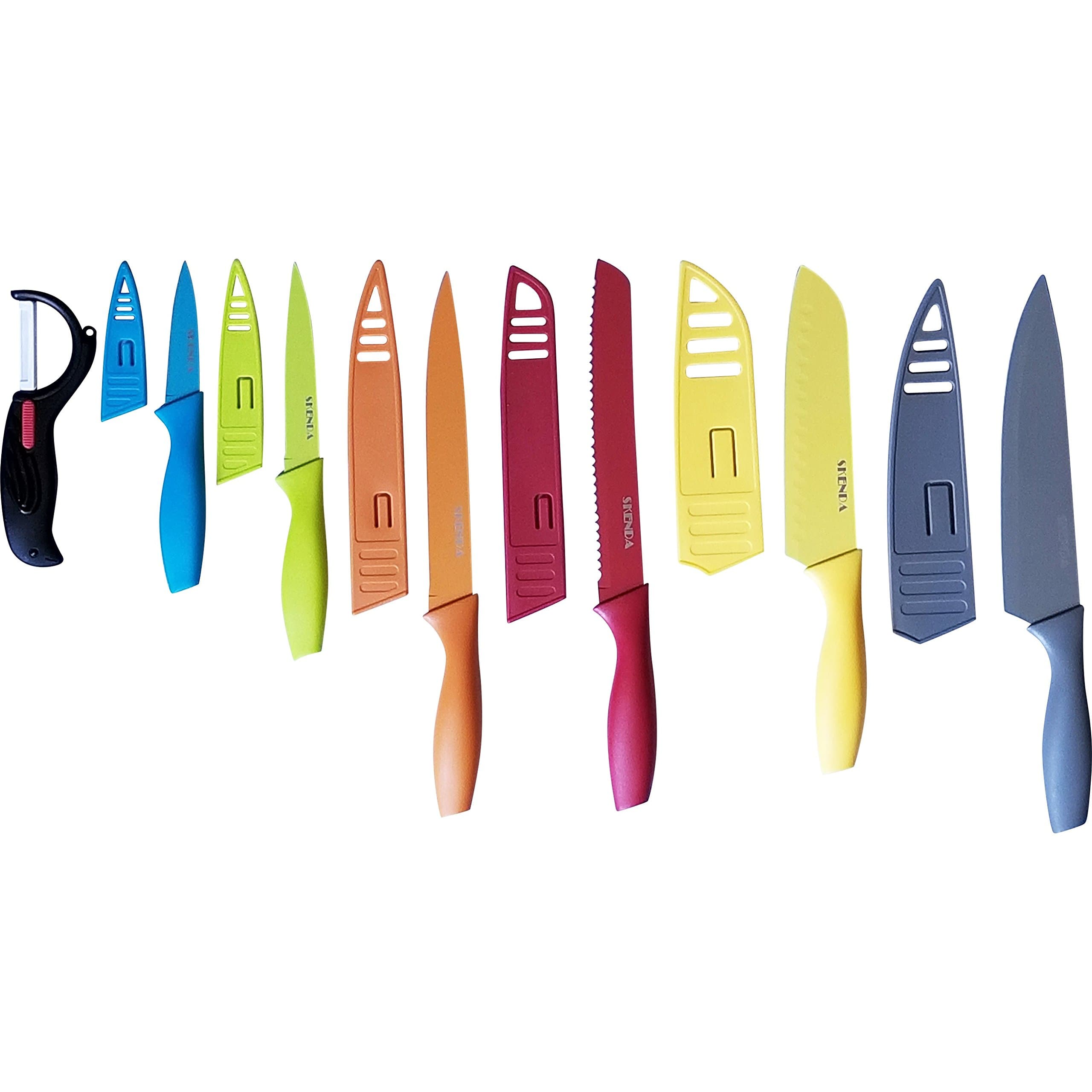 SKENDA Color Kitchen Knife Set - Colorful 6 Premium Steel Knives with Sheaths (13 pcs) - kitchen Knives Set Santoku, Chef, Bread, Carving, Paring, Utility Knife And Peeler, Free E-books