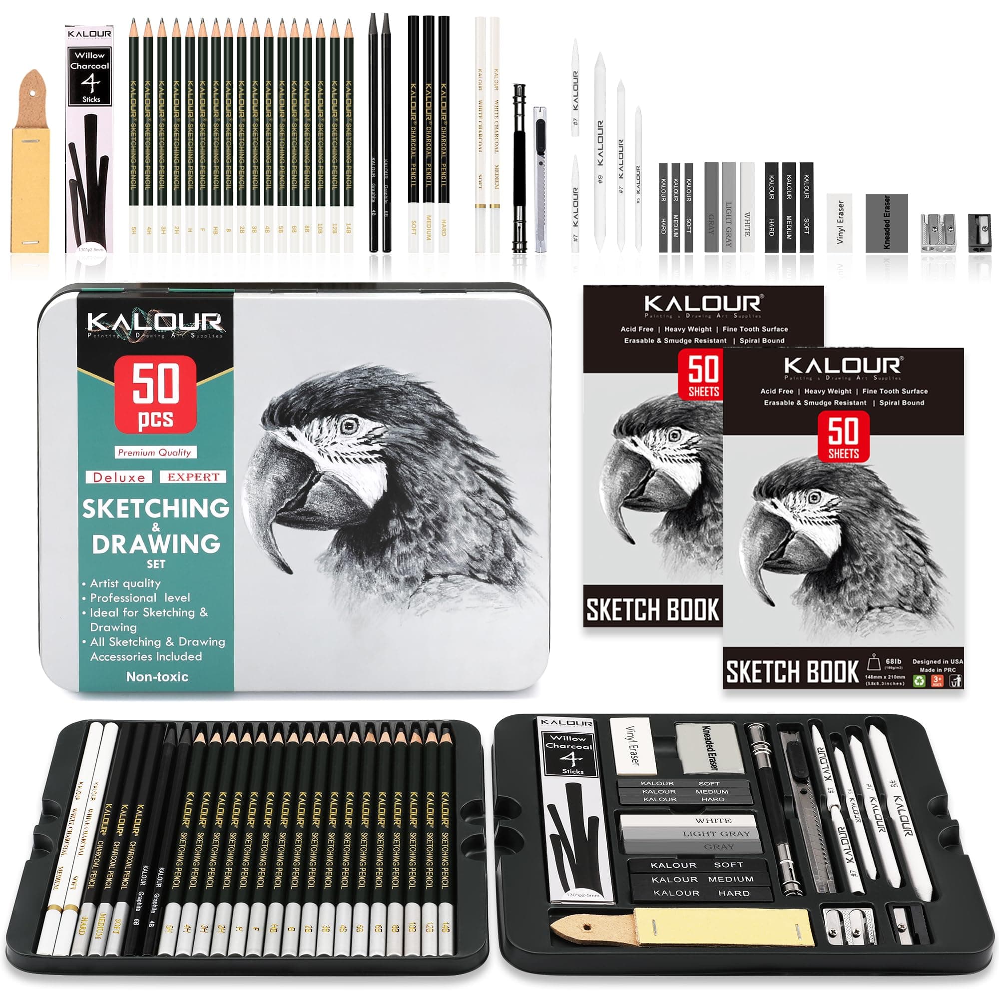KALOUR52-Pack Sketch Drawing Pencils Kit with Two Sketchbook,Tin Box,Include Graphite,Charcoal and Artists Tools,Pro Art Drawing Supplies for Adults Beginner Kids