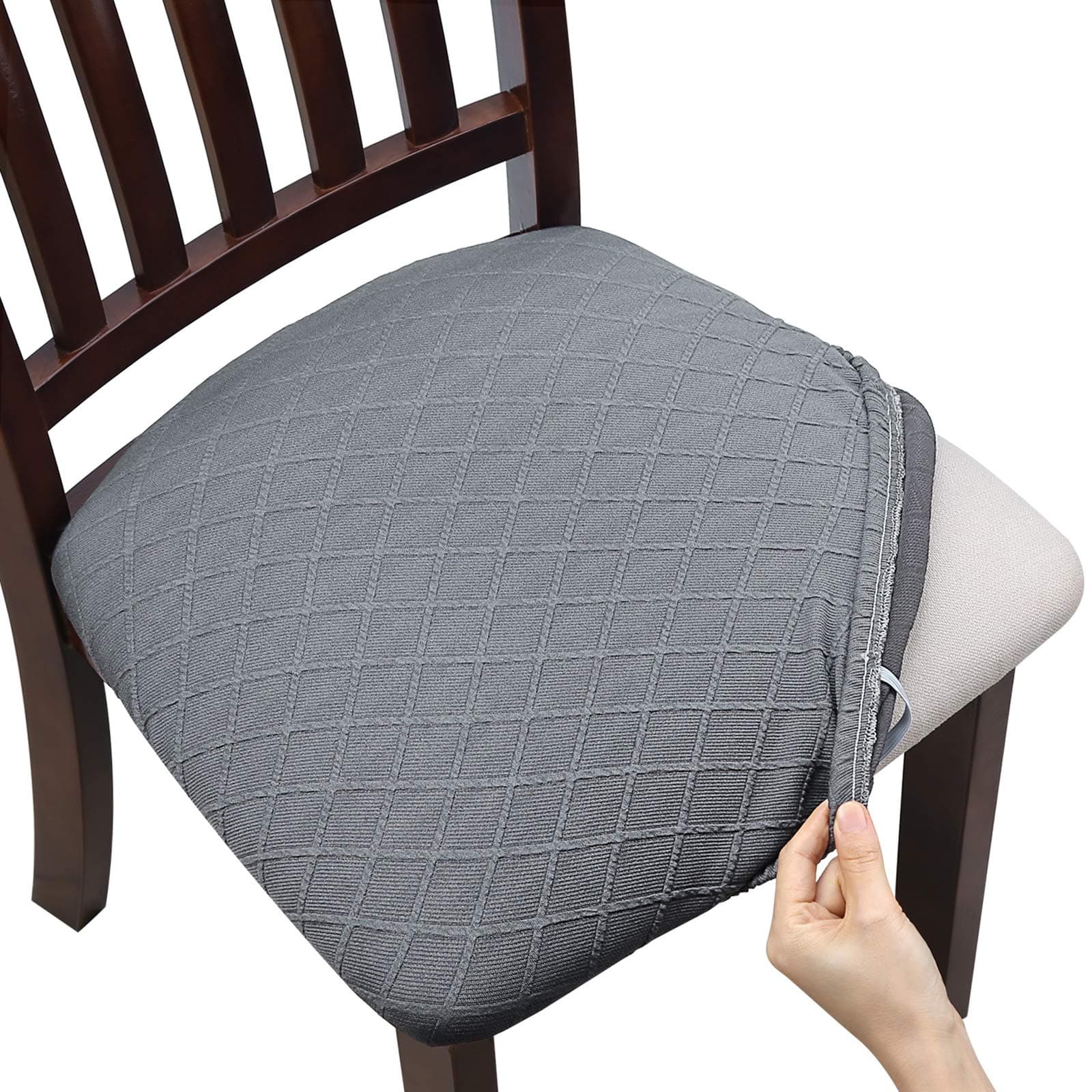 Fuloon 4 6 Pack Stretch Jacquard Chair Seat Covers,Removable Washable Anti-Dust Dinning Room Chair Seat Cushion Slipcovers (4, Light Grey)