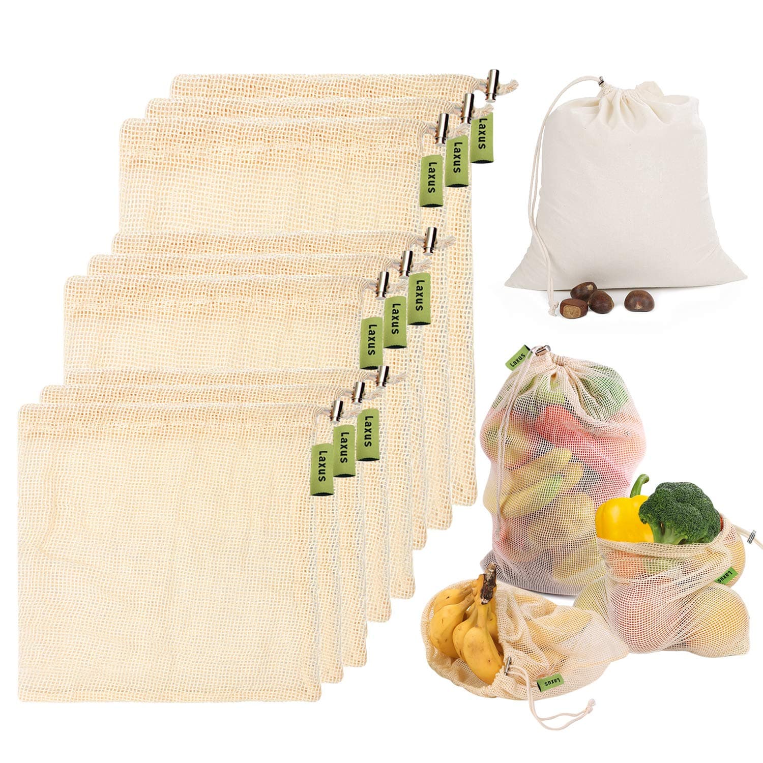 Reusable Produce Bags, Laxus Washable Natural Cotton Mesh Bag Eco Friendly Toy Fruit Vegetable Produce Bags with Drawstrings for Home Shopping Grocery Storage