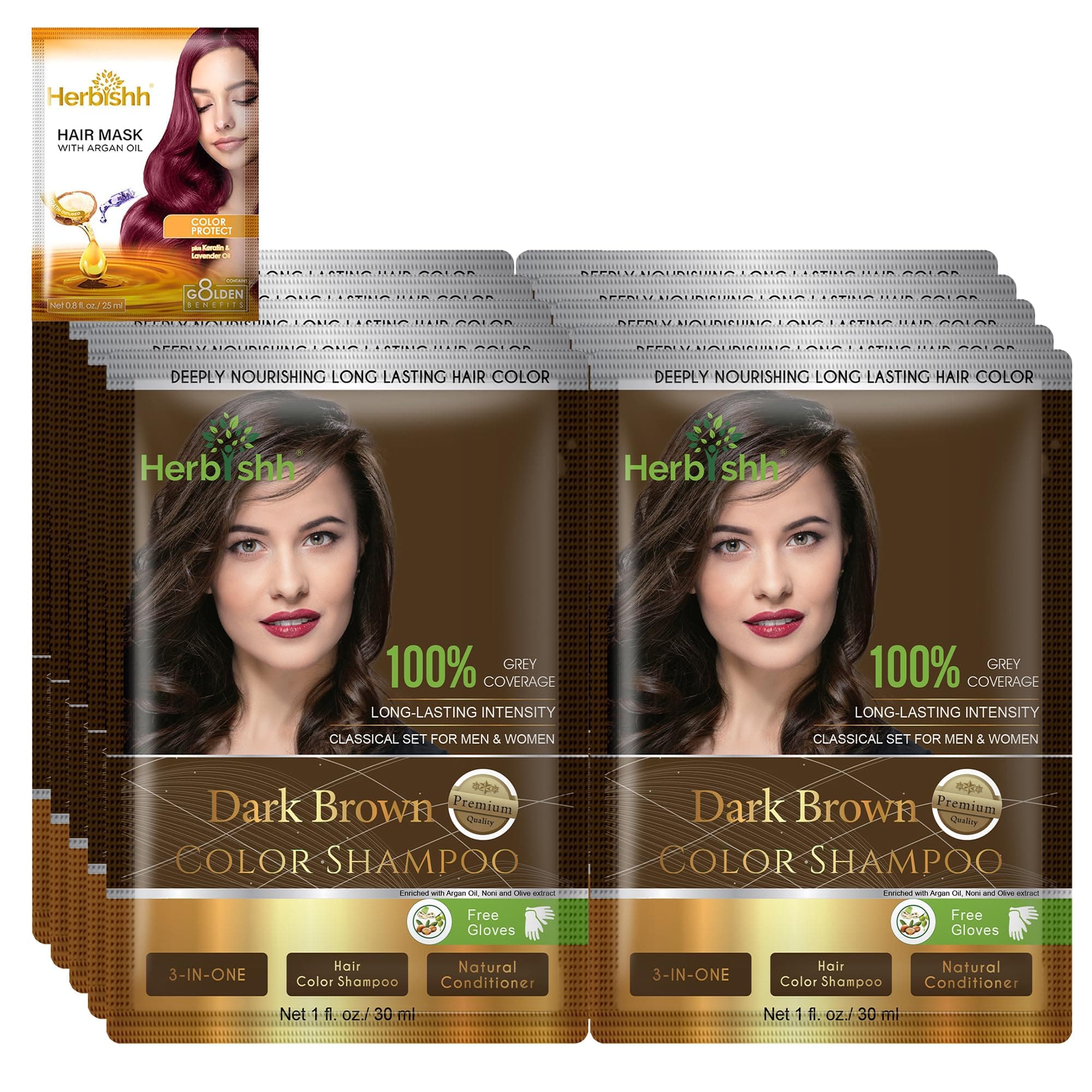 Herbishh Hair Color Shampoo For Gray Hair– Hair Dye Shampoo With Argan Hair Mask–Travel Size-Colors Hair In Minutes–Long Lasting Colour–10Pack+1Pack–Ammonia-Free (Dark Brown)