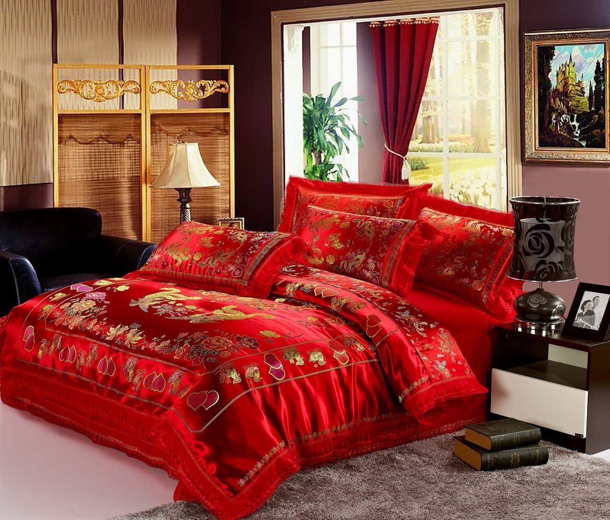 Jacquard Chinese Wedding Bedding Set Dragon Phoenix Bird Embroidery Lace Silk Duvet Cover Set 4pcs Full Red