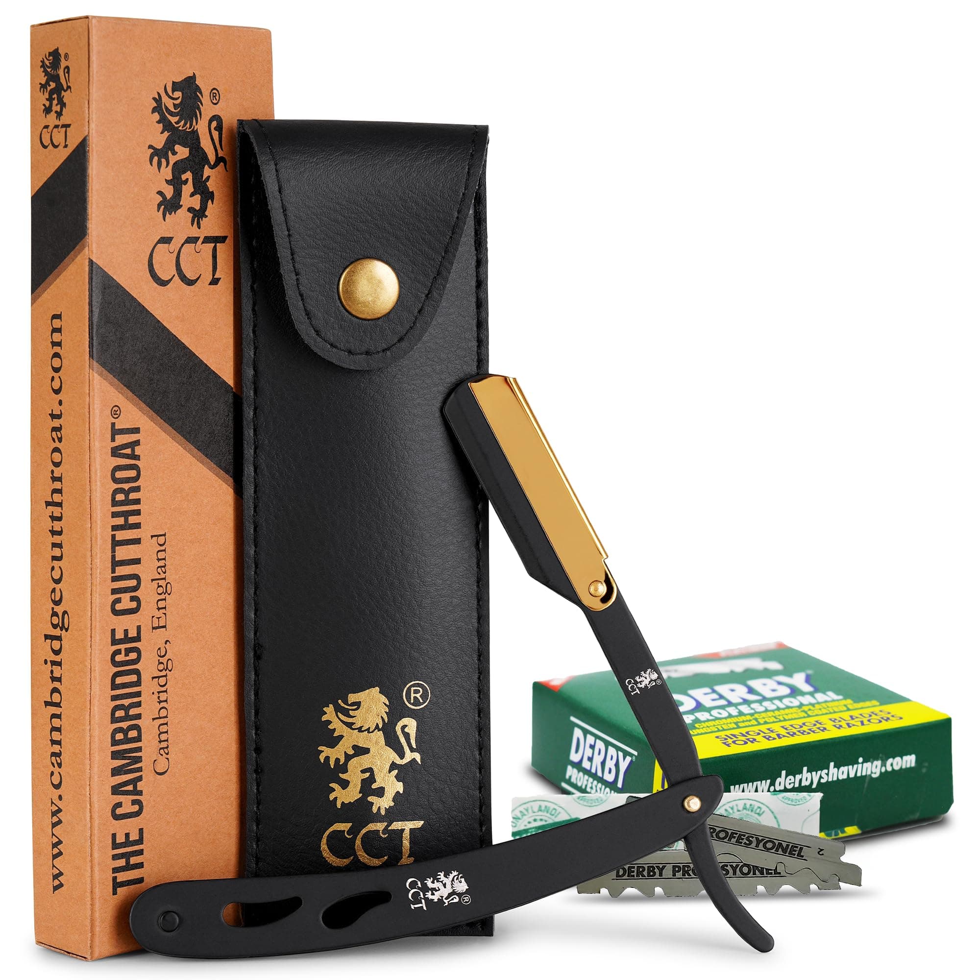 The Cambridge Cutthroat® Cut Throat Razor Kit with Blades & Travel Pouch - Black & Gold Stainless Steel Professional Barber Shaver Men - Straight Edge Moustache & Beard Shaper