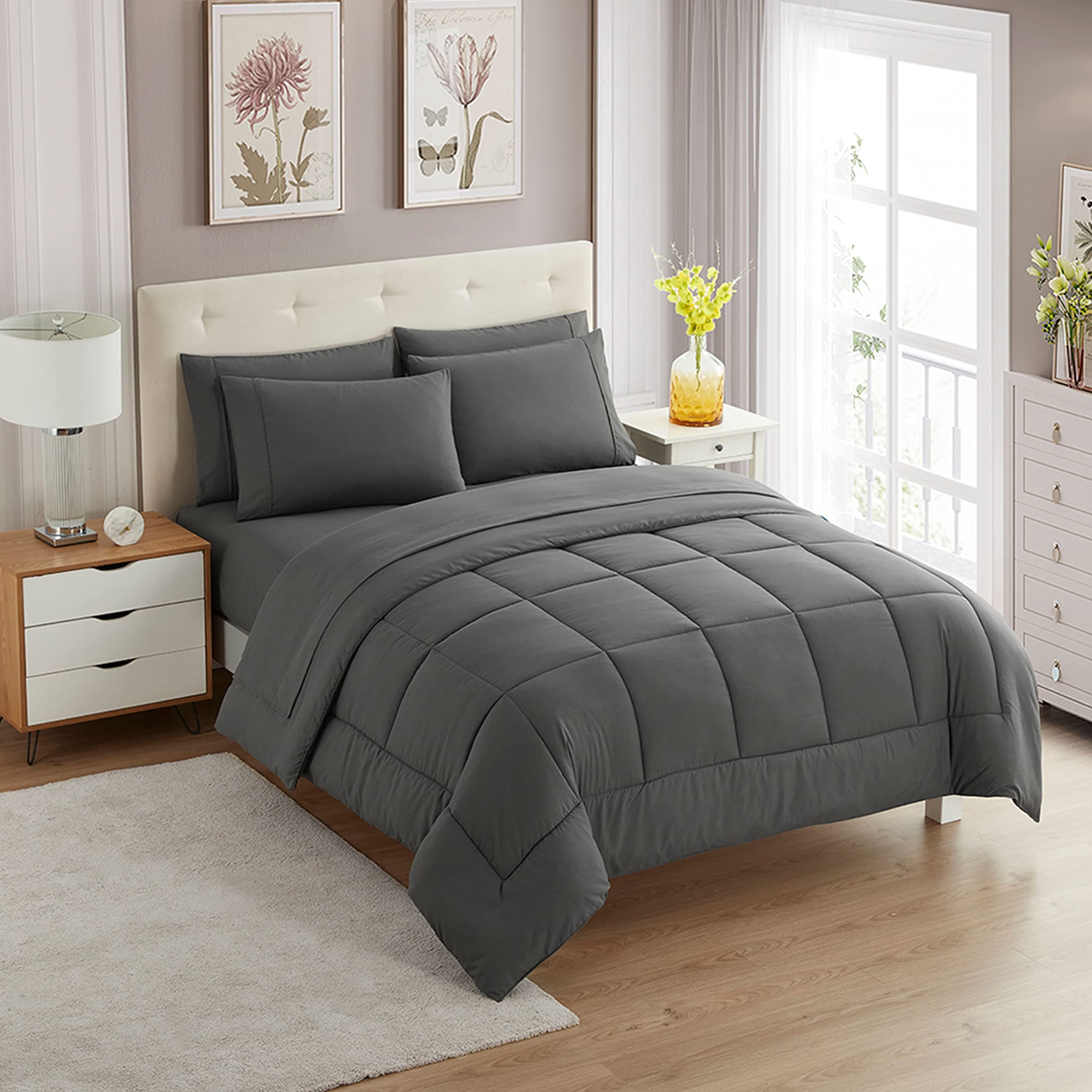 Full Size Comforter Set with Sheets - 7-Piece Bedding Collection - 1 Comforter, 1 Fitted Sheet, 1 Flat, 4 Pillowcases - Deep Pocket - Soft & Breathable Premium Quality - Ideal for All Seasons, Gray