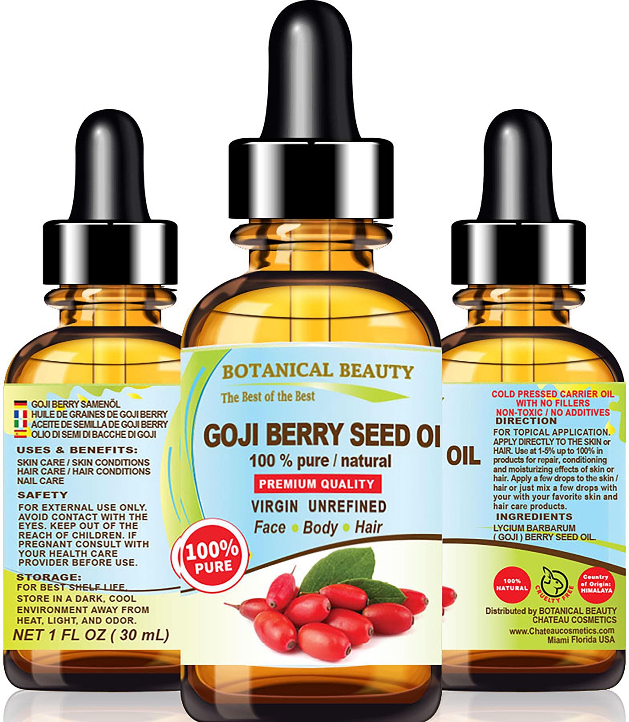 GOJI BERRY SEED OIL Lycium Barbarum Himalayan 100% Pure Natural Virgin Unrefined Cold Pressed Carrier Oil 1 Fl. Oz.- 30 ml for FACE, SKIN, DAMAGED HAIR, NAILS, Anti-Aging by Botanical Beauty