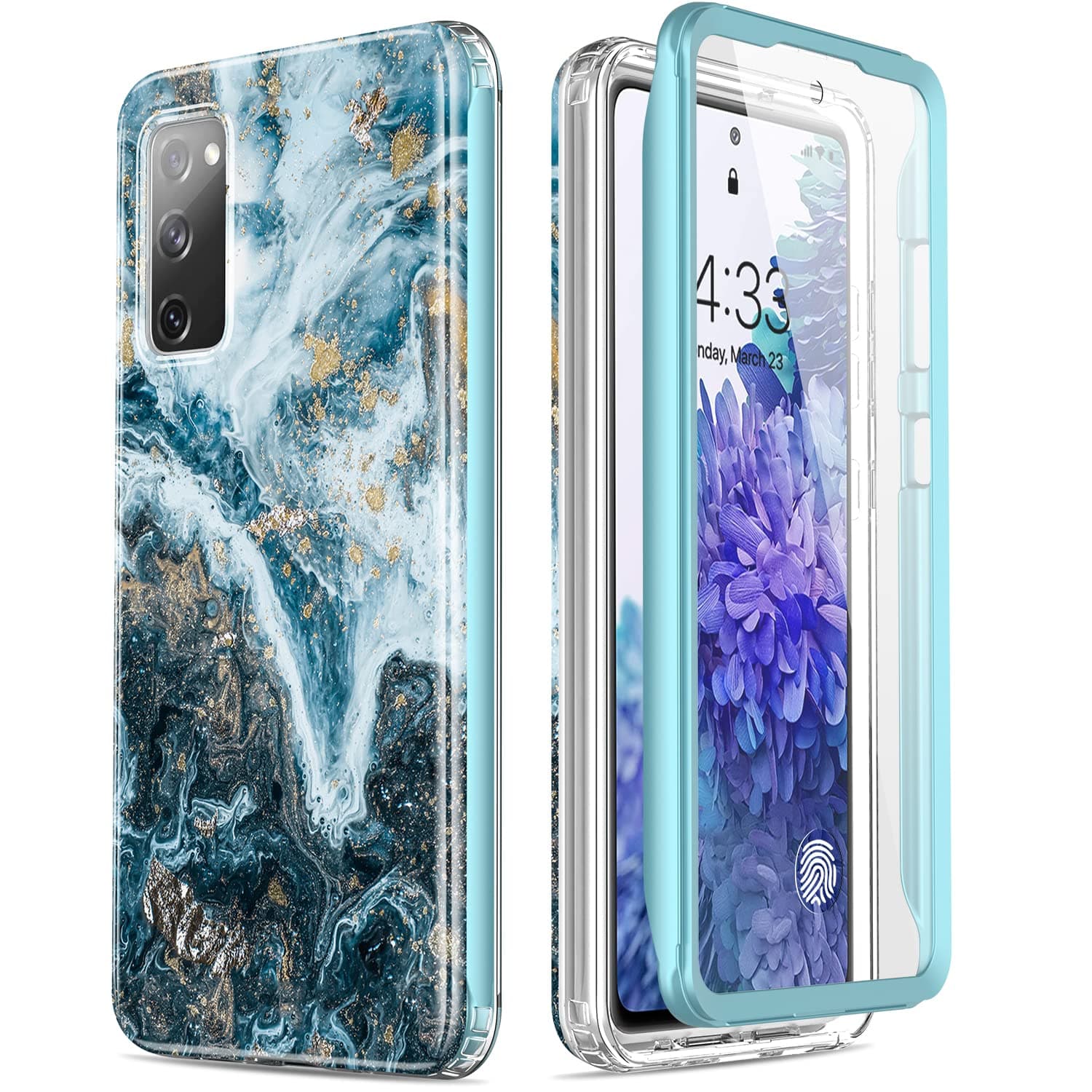 Esdot Compatible with Samsung Galaxy S20 FE Case with Built-in Screen Protector,with Fashionable Designs for Women Girls,Protective Phone Case for Galaxy S20 FE 6.5" Opal Marble Teal