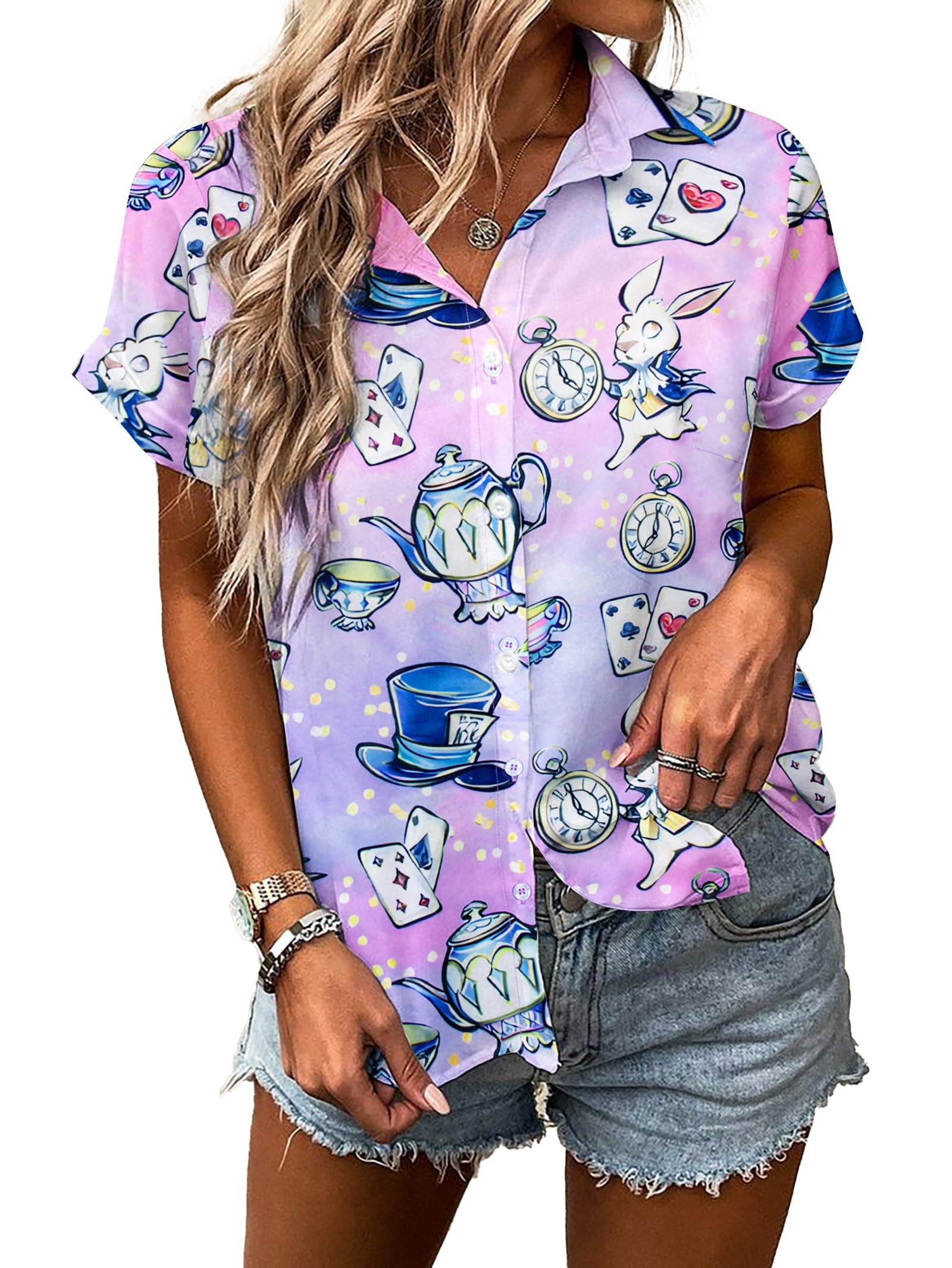 Princess Magical Shirt for Women Mad Tea Party Shirts Magic Hawaiian T-Shirt Fairy Tale Vacation Button up Tops