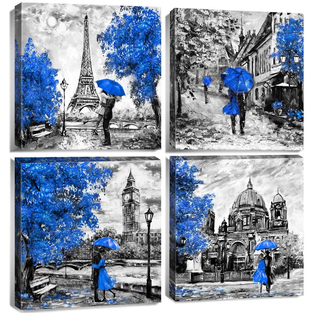 Umbrella Couple Decor Black and White Contemporary Wall Art Blue Eiffel Tower Berlin Street Painting Printed Canvas Romantic Picture Framed Artwork for Bathroom Home Decoration 12 x 12" x 4 Panels