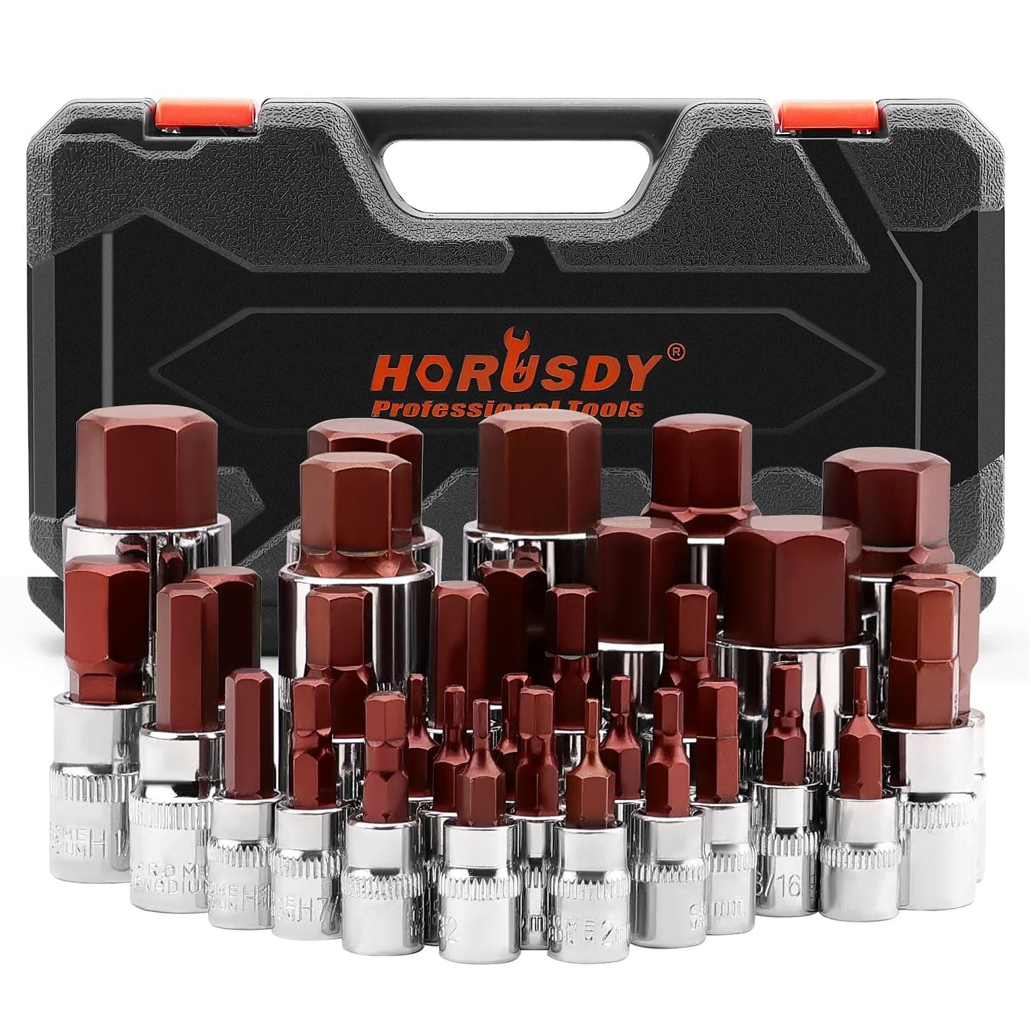 HORUSDYAllen Socket Set | 32-Piece Hex Bit Socket Set | S2 Steel Socket | SAE and Metric | 1/4", 3/8", & 1/2" Drives