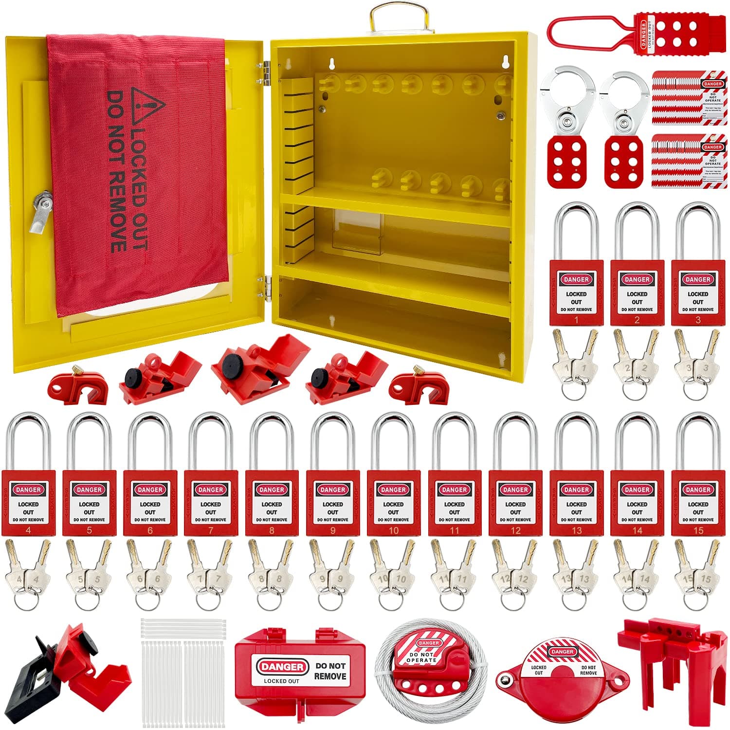 - SAFBY Lockout Tagout Station Kit Board Locks 80pcs,Lock Out Tag Out Loto Hasps,Tags,Circuit Breaker Lockout,Ball Valve Lockout,Electrical Plug Lockout,Steel Cable Lockout (Big Yellow Station)