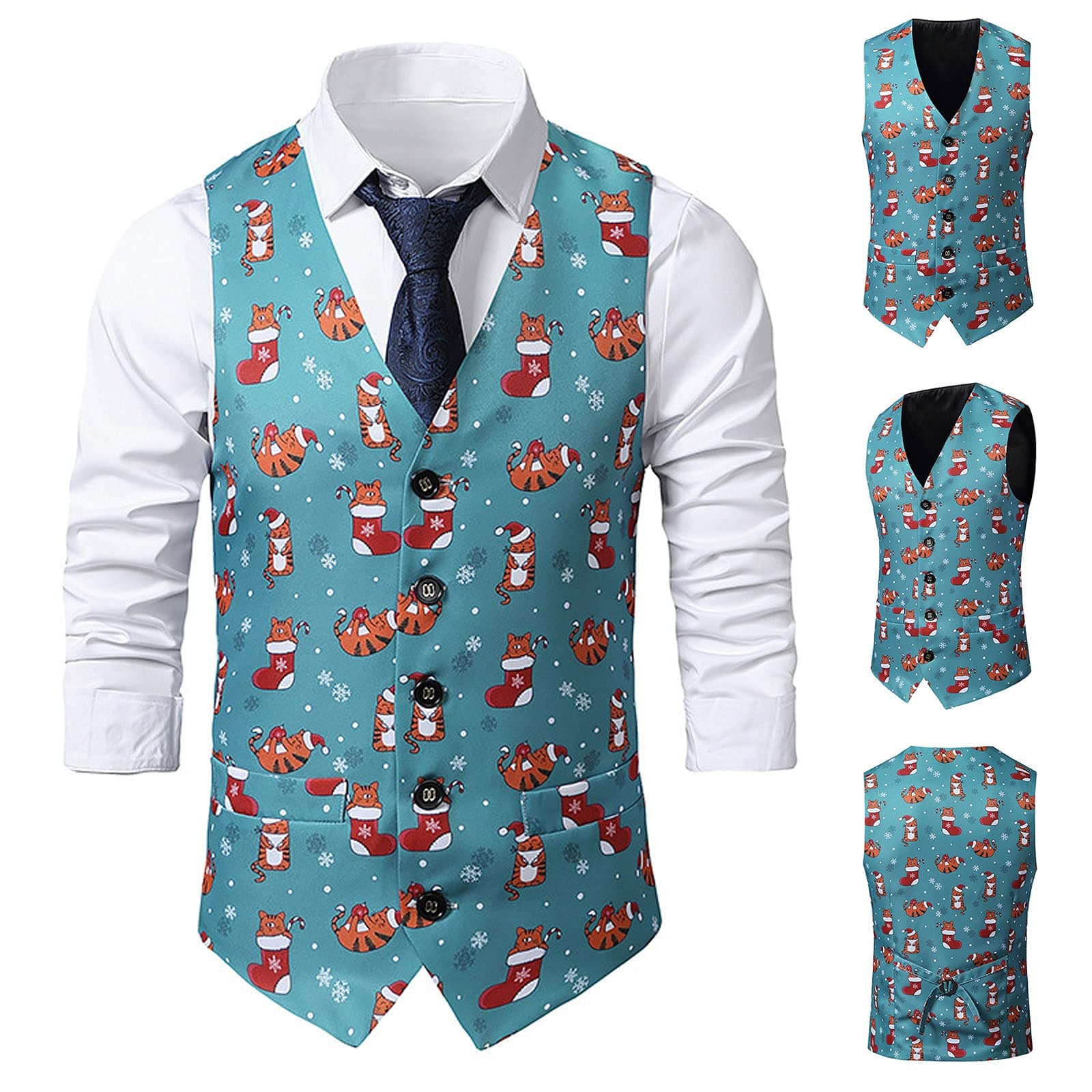 DressLksnf Christmas Waistcoat For Men,Men's Fun Waistcoat Christmas Festive Happy Santa Claus Xmas Waistcoats Necktie Pocket Square Handkerchief Vest Suit Slim Fit Christmas Suit Vest Waistcoat