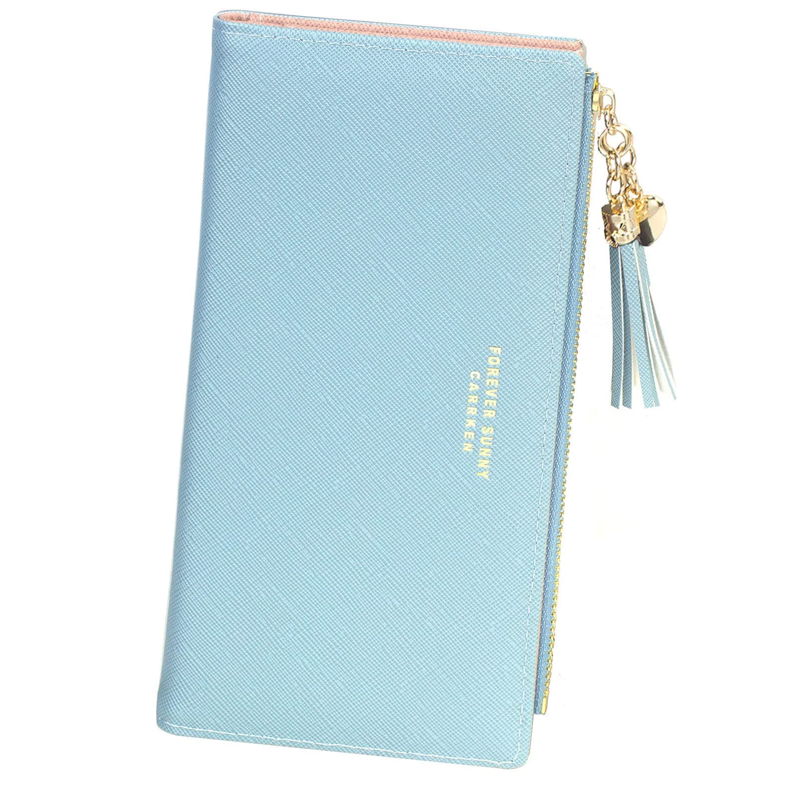 Wallets for Women Slim Clutch Purse Handbag Card Holder Womens Long Tassel Zipper Pocket Fashion Taiga Leather Billfold Wallet (Blue)
