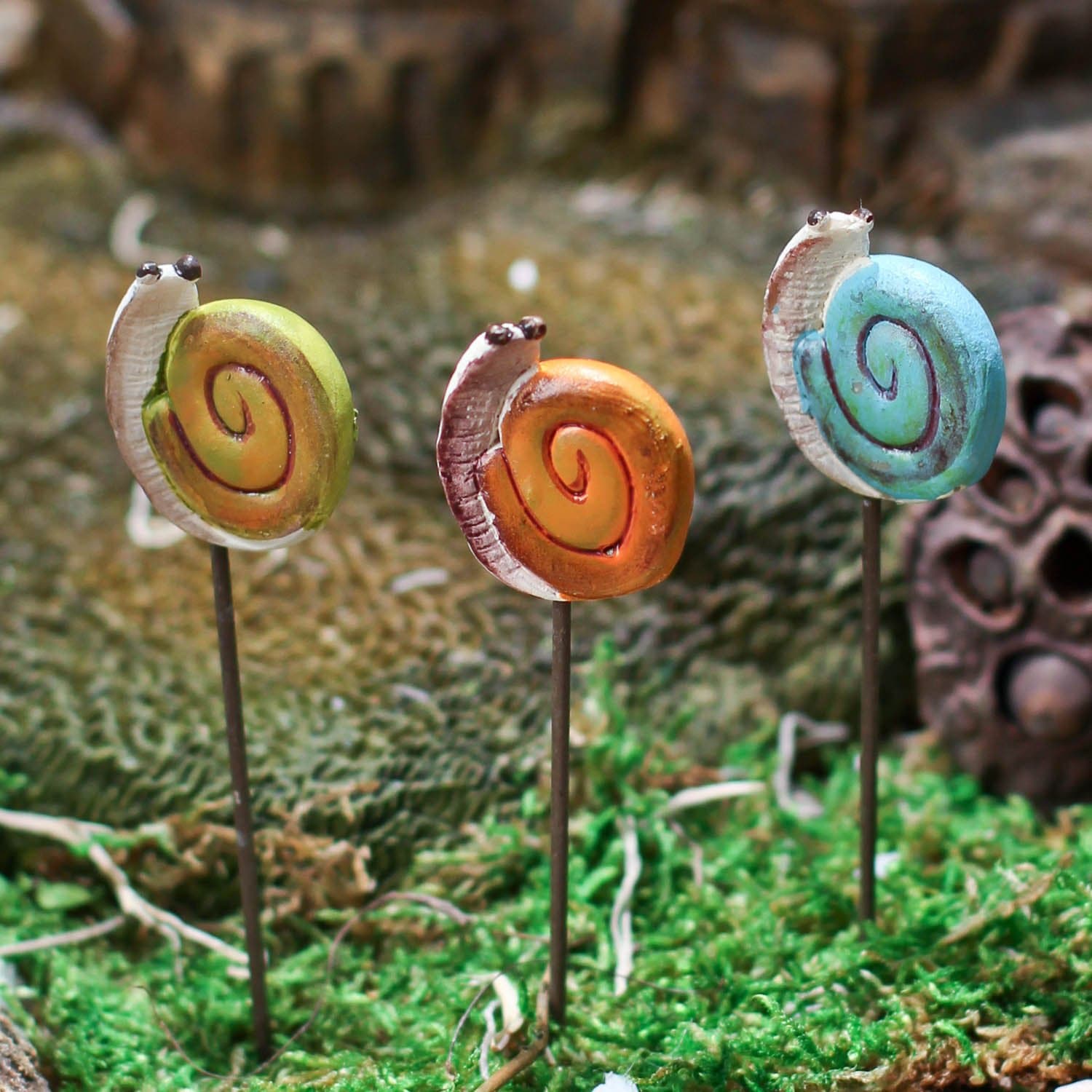 Whimsical Additions 6 Hand Painted All Weather Miniature Resin Snail Picks for Fairy Gardens, Crafting and Embellishing