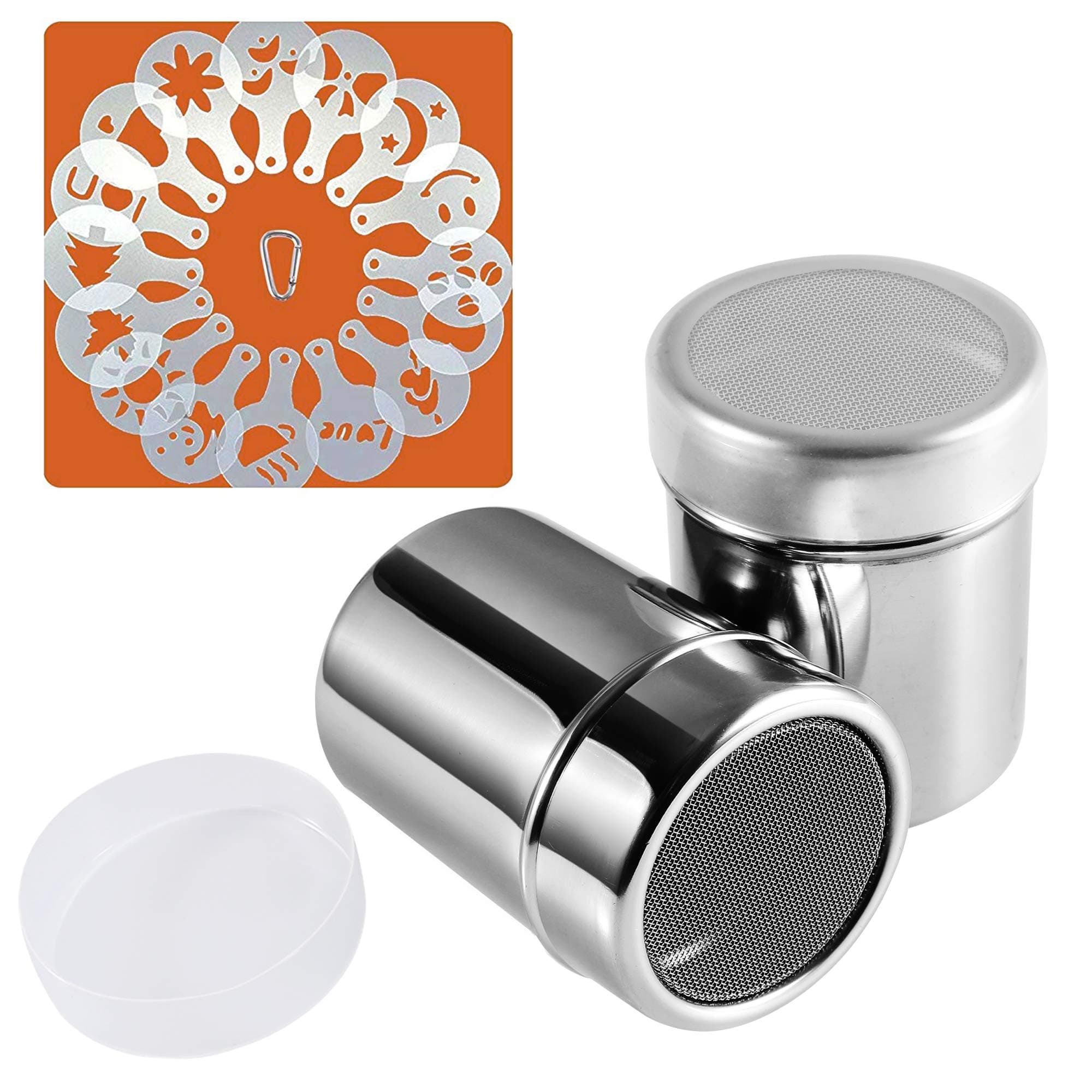SOSMAR 304 Stainless Steel Chocolate Shaker Dredgers Sprinkler Icing Sugar Cocoa Flour Coffee Latte Cappuccino Mesh Sifter with 16 Pcs Coffee Stencils & Clip, 150ML