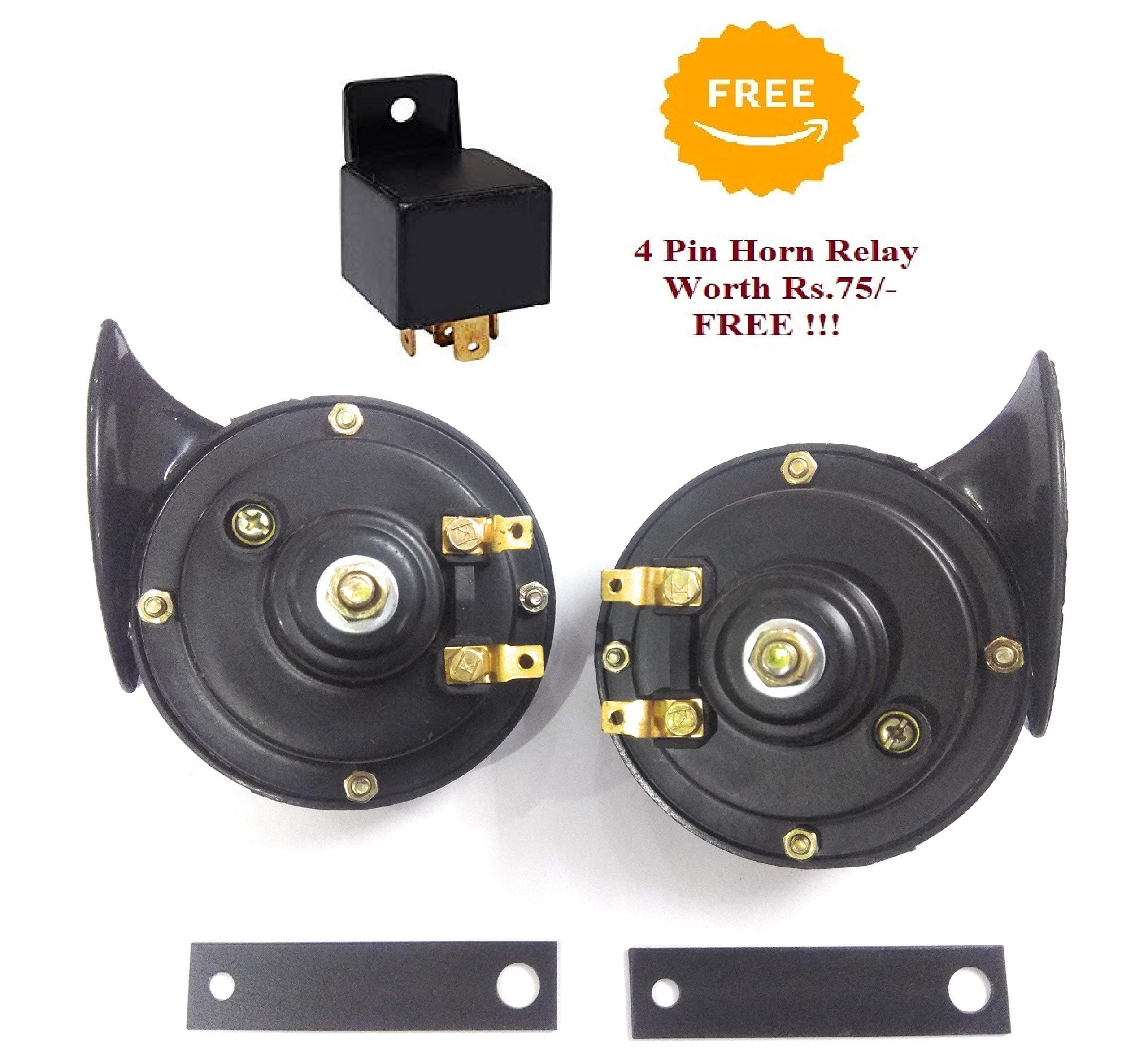 Windtone horn for Bikes and Cars (Set of 2) Matte Black body With Free horn relay UNIVERSAL by SPSY … (Black)