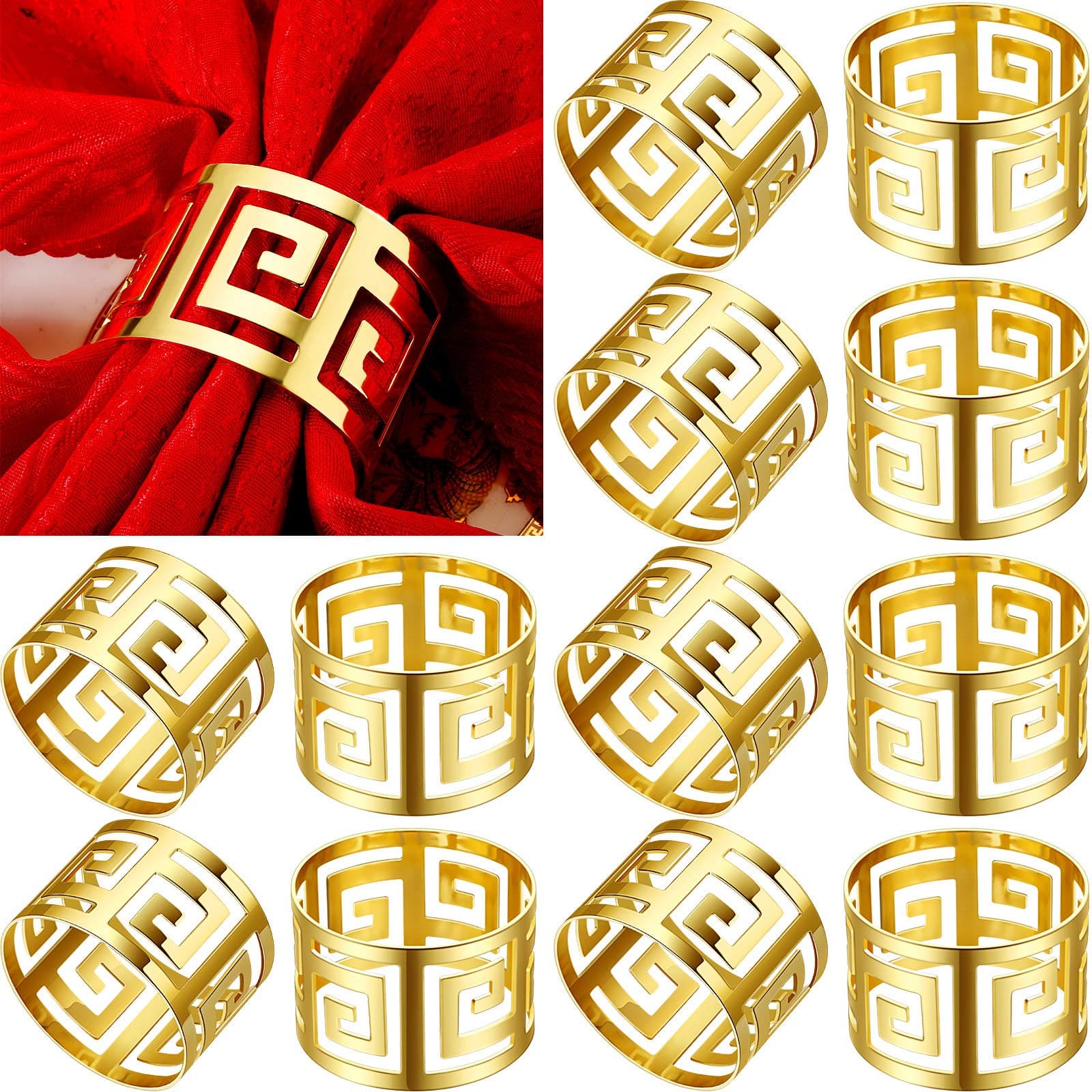 16 Pcs Gold Napkin Rings Hollow Out Napkin Rings Holder Set Metal Serviette Buckle Bulk for Dinner Table Decoration Christmas Holiday Wedding Party Birthday Banquet Gathering