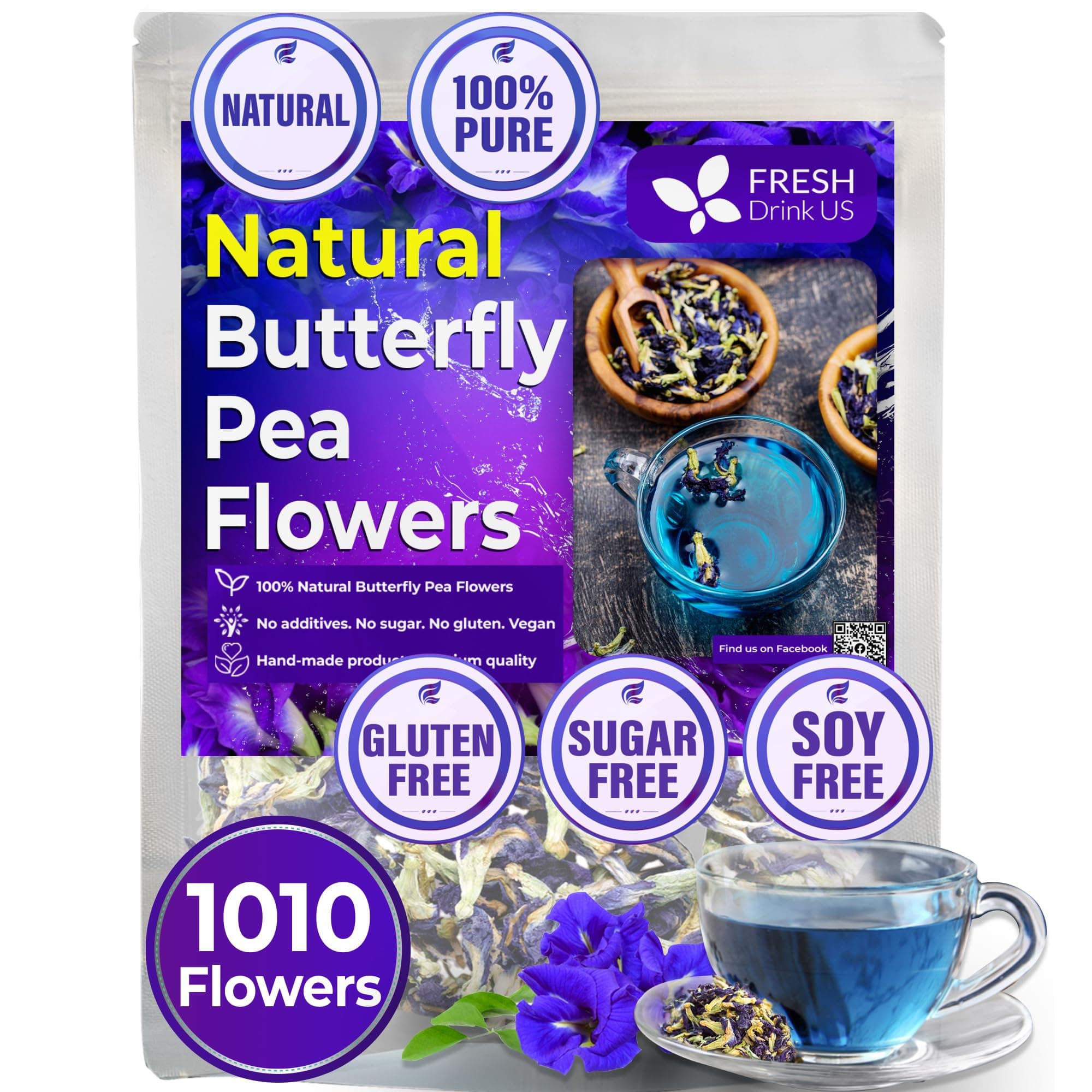 FreshDrinkUS, Premium 1010+ Butterfly Pea Flowers, 100% Natural & Pure from Whole Blue Butterfly Pea Flowers, Wildcrafted, Dried Blue Butterfly Pea Flowers Herbal Tea, No Gluten, Vegan (1010 Butterfly Flowers)