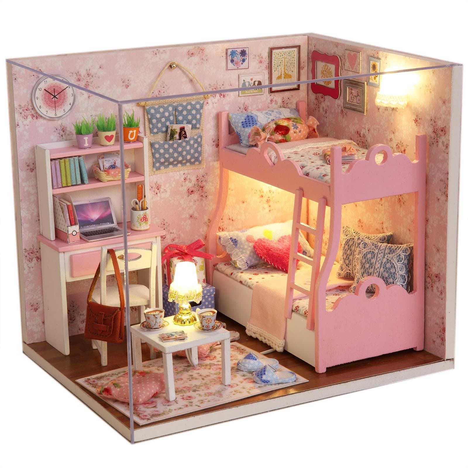 Wooden Dollhouse Miniatures Diy House Kit With Cover And Led Light-Blossom Age
