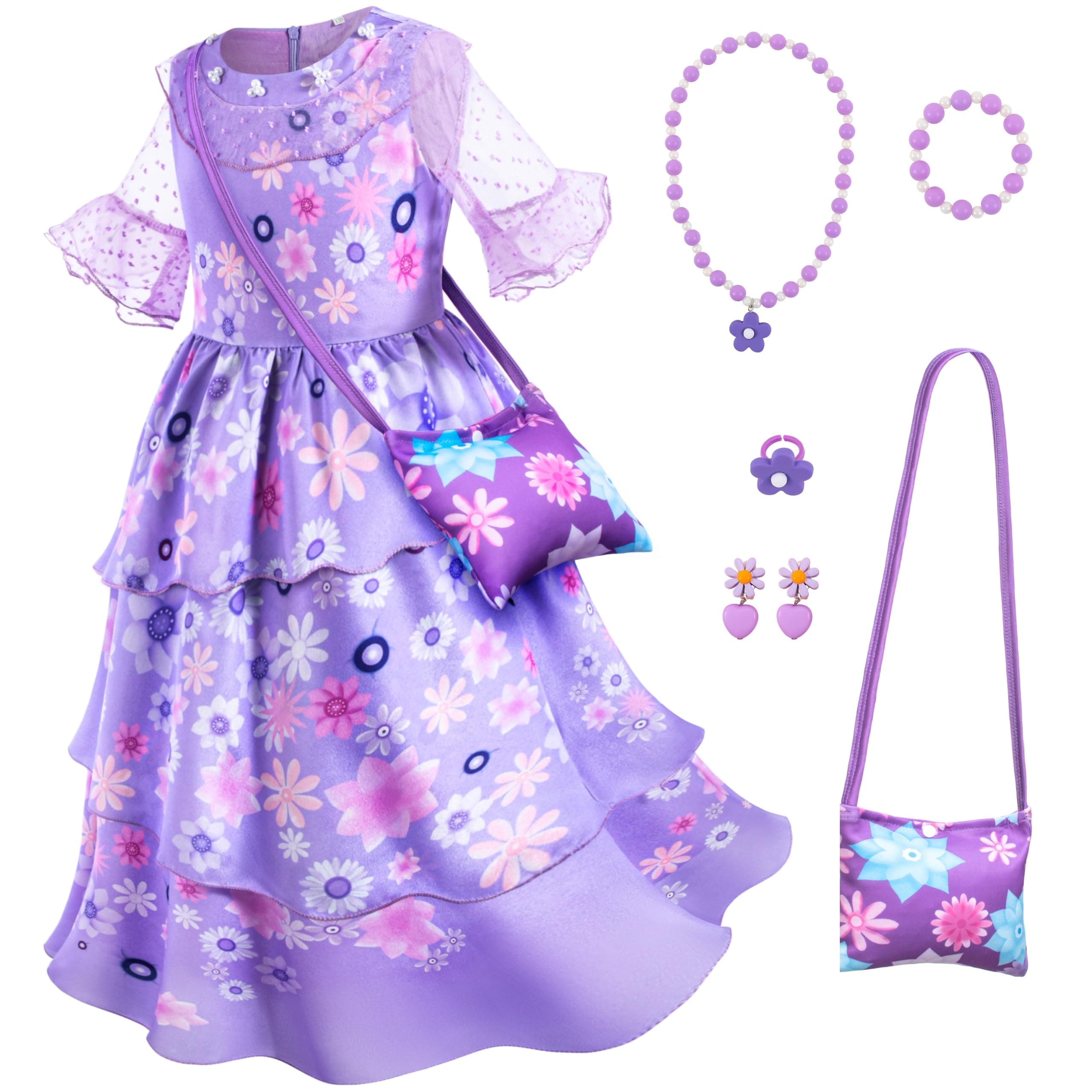 Purple Princess Costume Dress for Girls Birthday Halloween Party Dress Up with Bag Necklace Earrings Ring