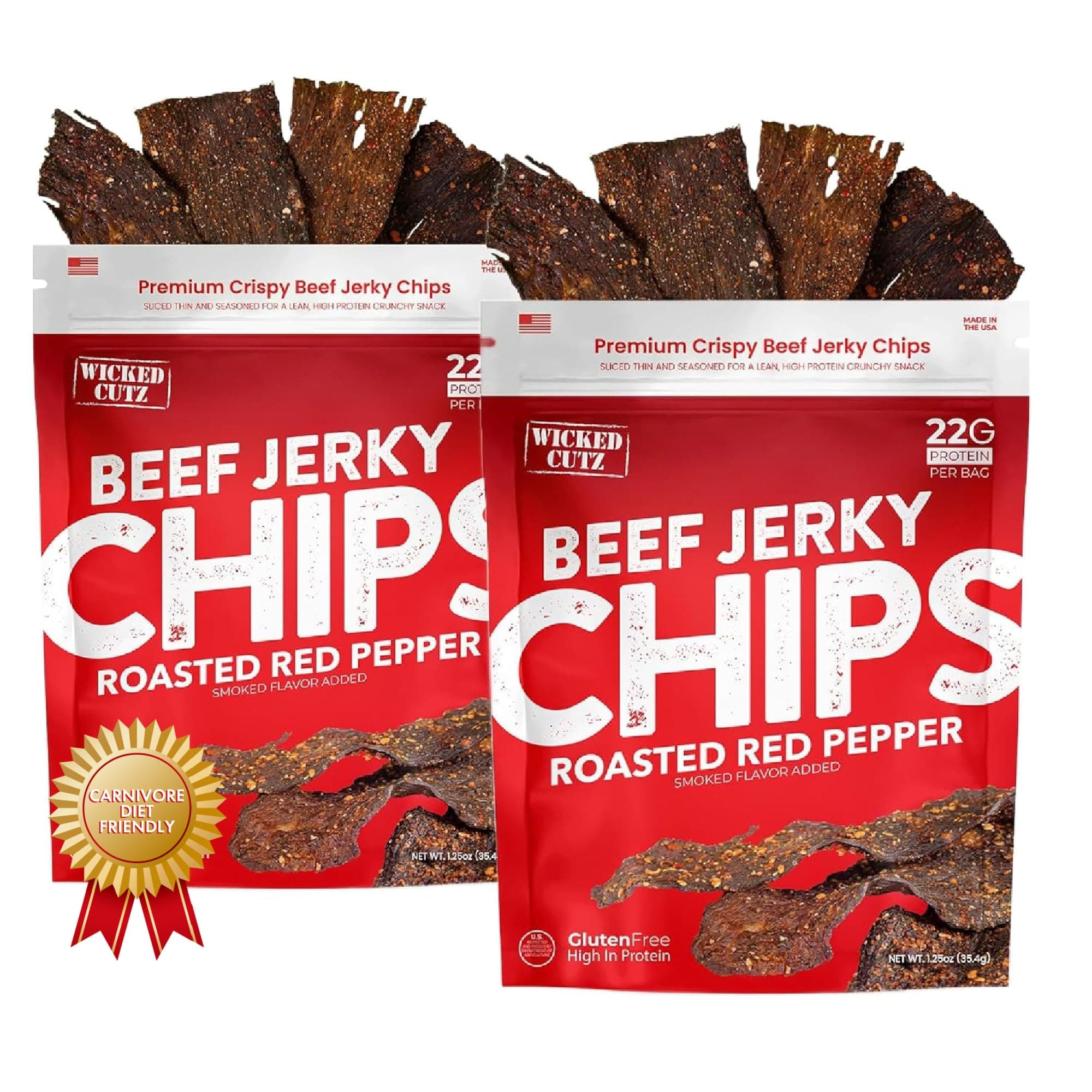 Wicked Cutz Roasted Red Pepper Beef Jerky Chips, 22g Protein per Bag, Crispy & Crunchy Beef Jerky Crisps, USA Made Pepper Flavored Chips, High Carnivore Snacks (2 Bags)