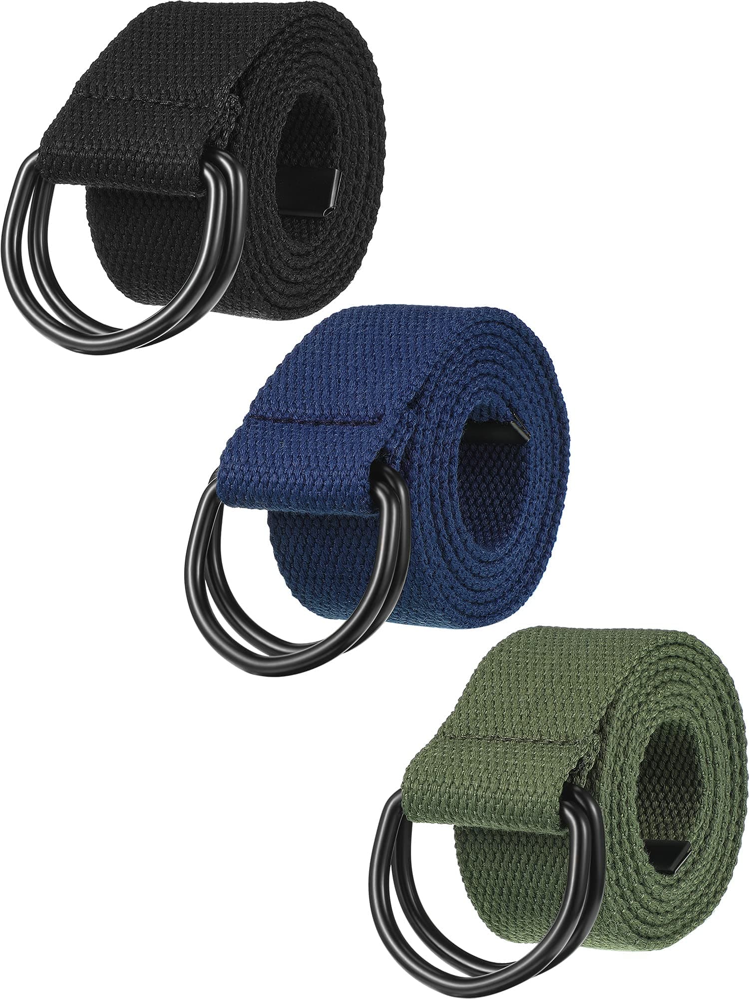 3 Pieces Men Canvas Belt With Metal Double D Ring Buckle - Military Style Casual Waist Belt for Men and Women (Army Green, Black, Dark Blue)