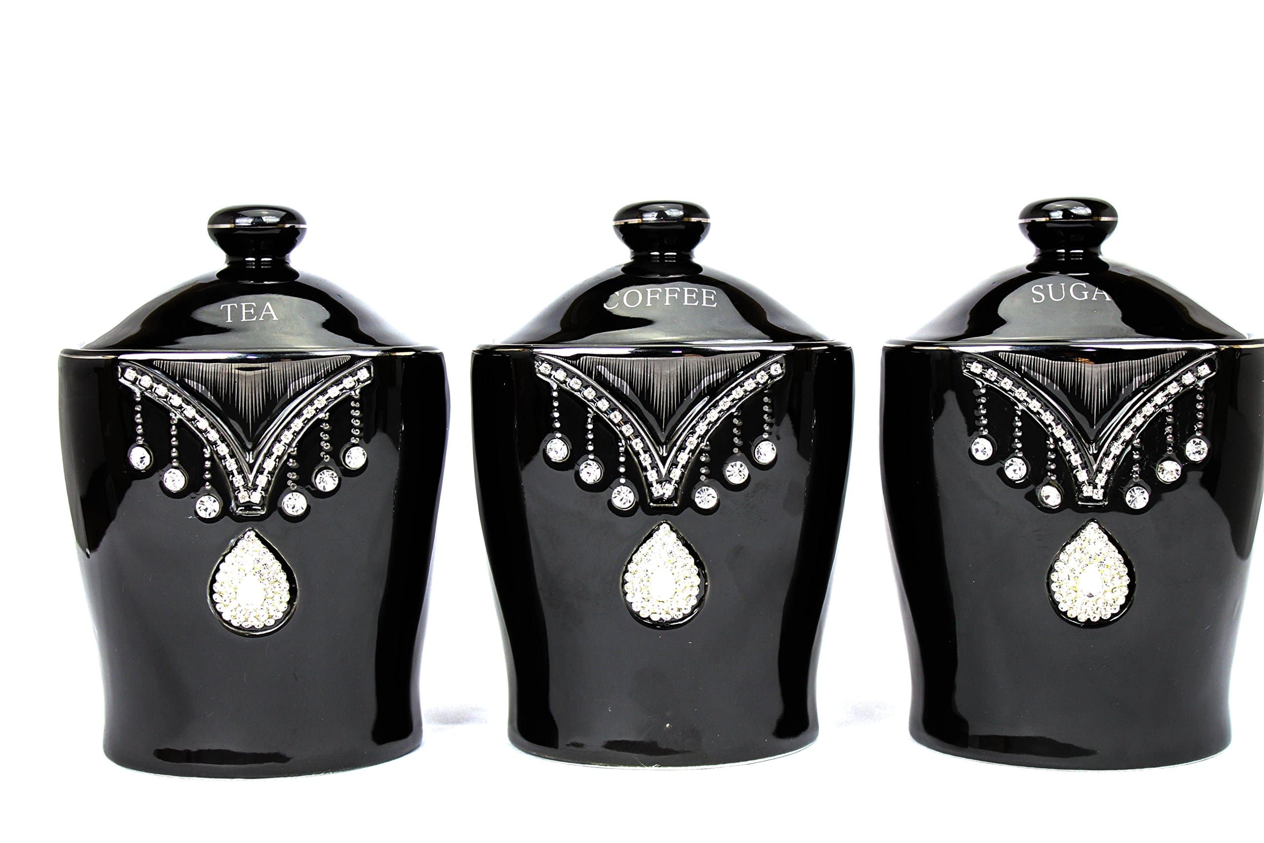 Kitchen storage Contemporary Procelain Black Tea, Coffee,Sugar Jars pots canisters containers Set of 3, Airtight lids, Floral exclusive design