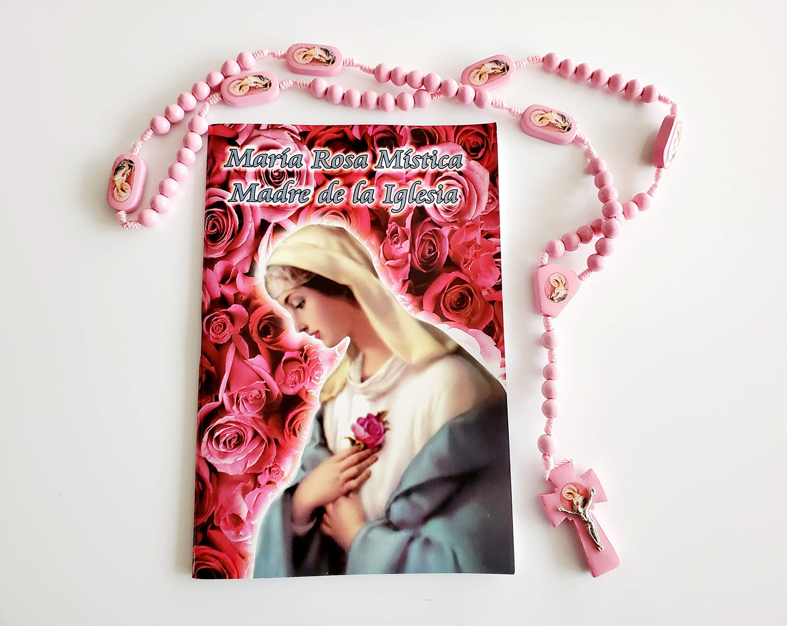 Maria rosa mistica madre de la Iglesia con Rosario rosa de madera set