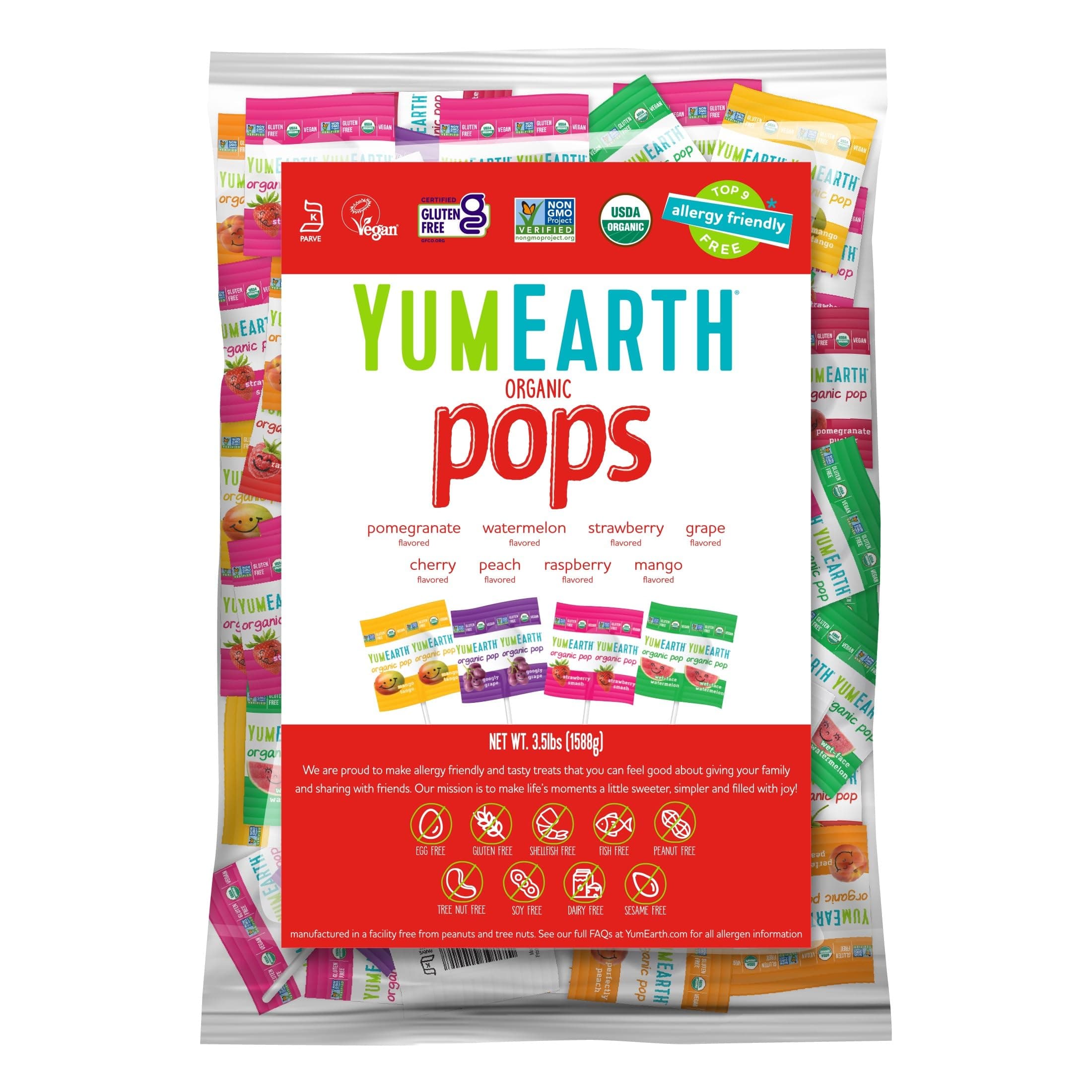 Organic Pops Variety Pack, 250 Fruit Flavored Favorites Lollipops, Allergy Friendly, Gluten Free, Non-GMO, Vegan, No Artificial Dyes