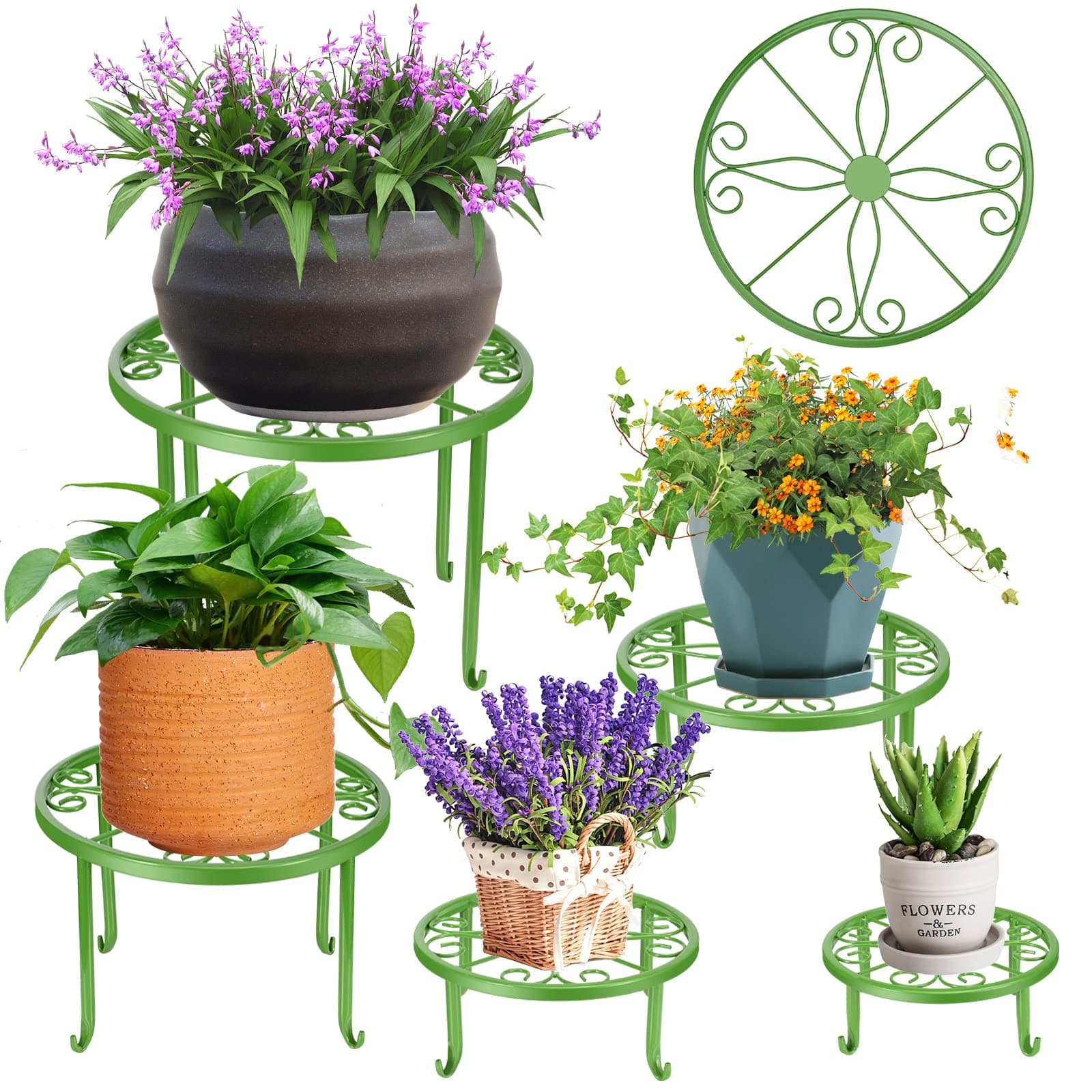 5 Pack Green Metal Plant Stand, Bronze Heavy Duty Flower Pot Stands, Rustproof Iron Round Plant Shelf, 2 Levels, 11.02" x 11.02" x 7.28"