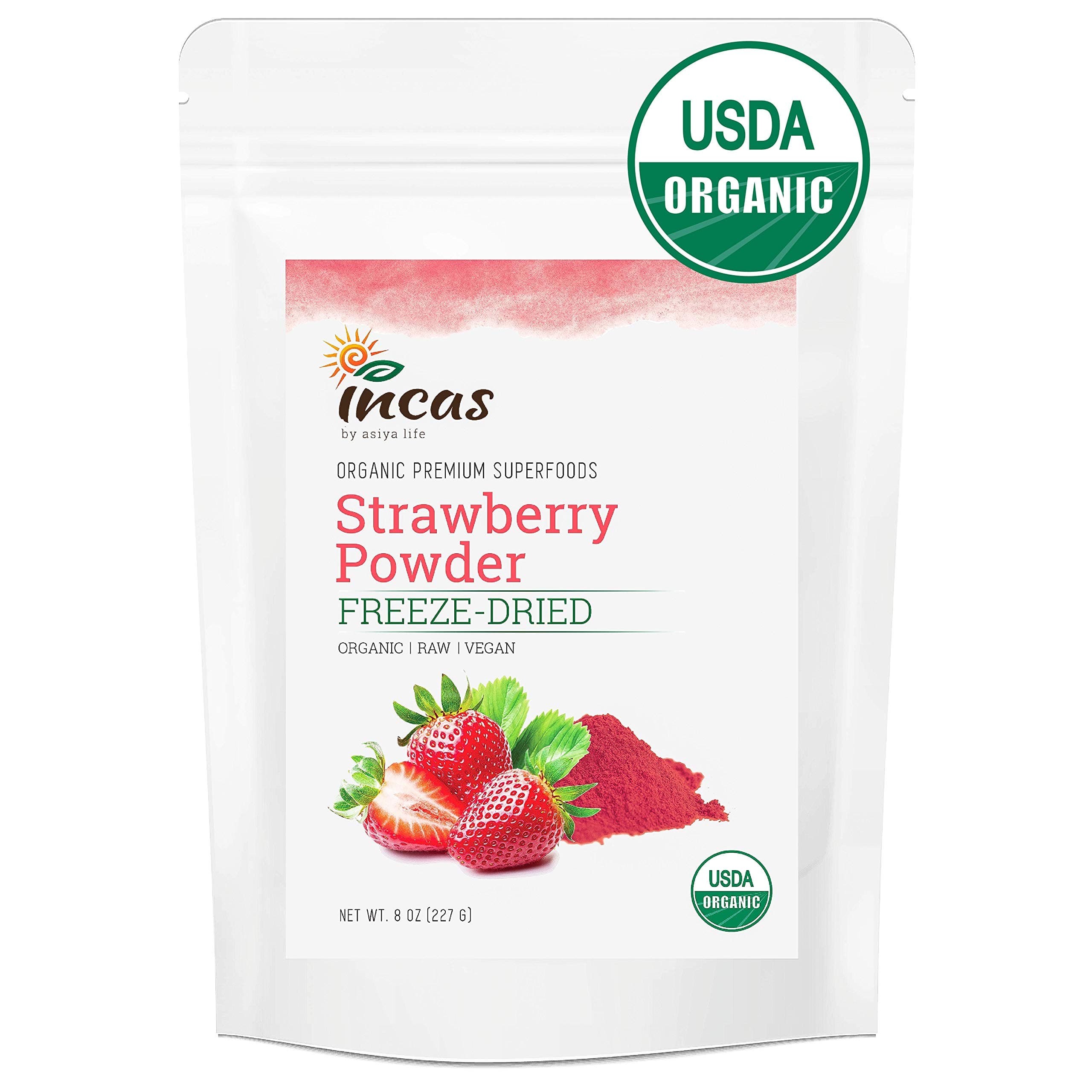 Incas 100% USDA Organic Strawberry Powder, Freeze Dried, High in Vitamin C, Zero Additives & Fillers, Vegan Friendly, Non-GMO, Organic Strawberry Freeze Dried Fruit Extract Powder