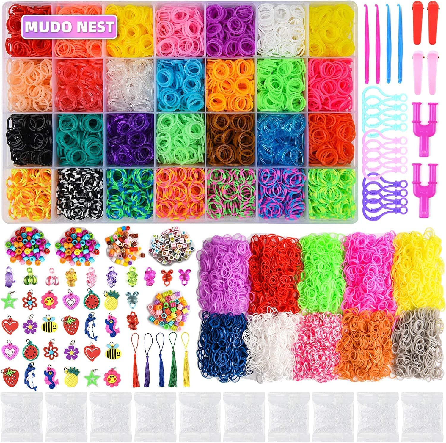 MUDO NEST 20000+ Loom Bands Kit:19,000 DIY Rubber Bands Kits 38 Unique Colors 500 Clips,40 CharmsLoom Bracelet Making Kits for Kids