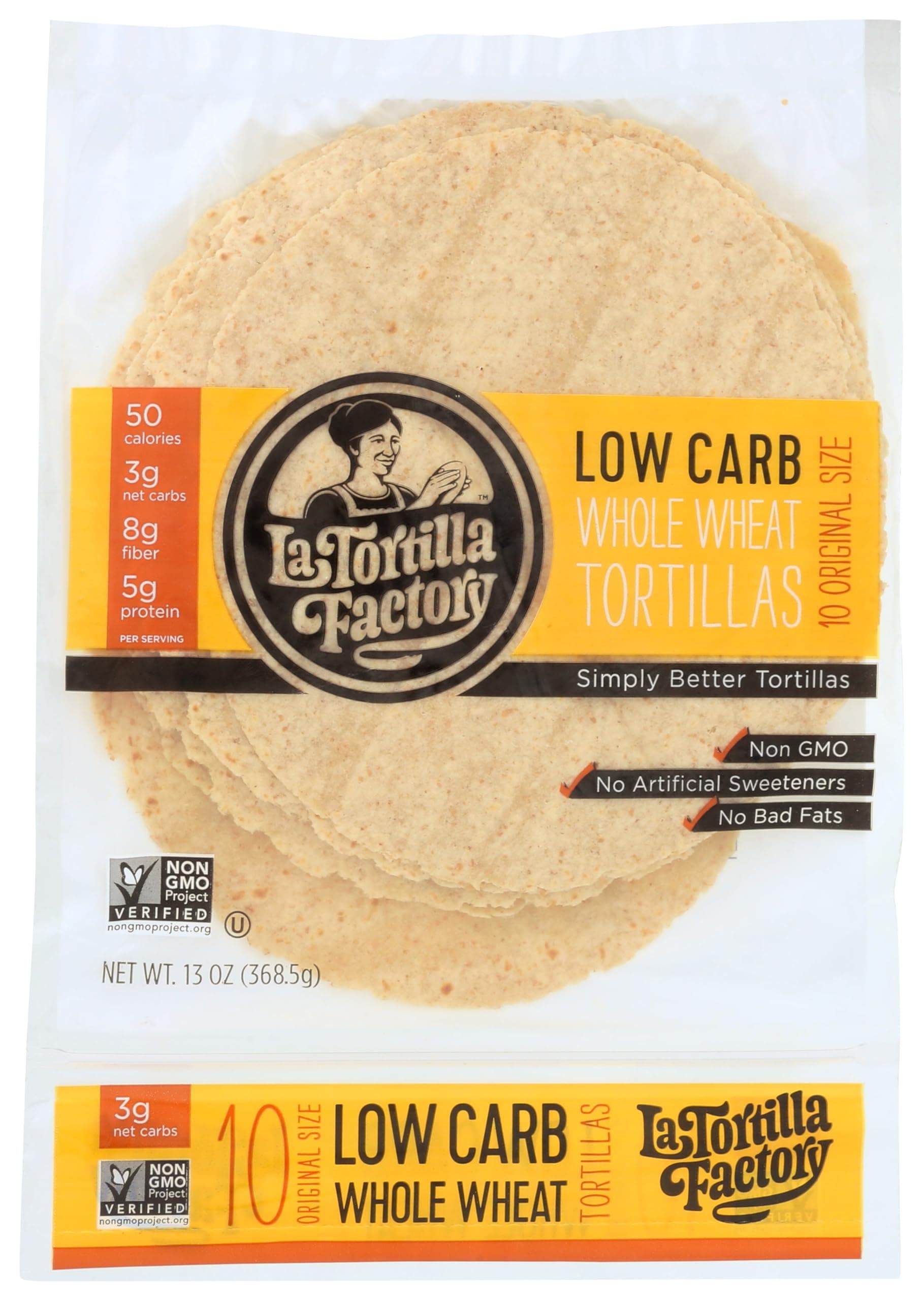 La Tortilla Factory Low Carb Whole Wheat Tortillas, Non-GMO, 3g Net Carbs, 50 Calories, 6.25" - Original Size, 10-Count, 13 oz.