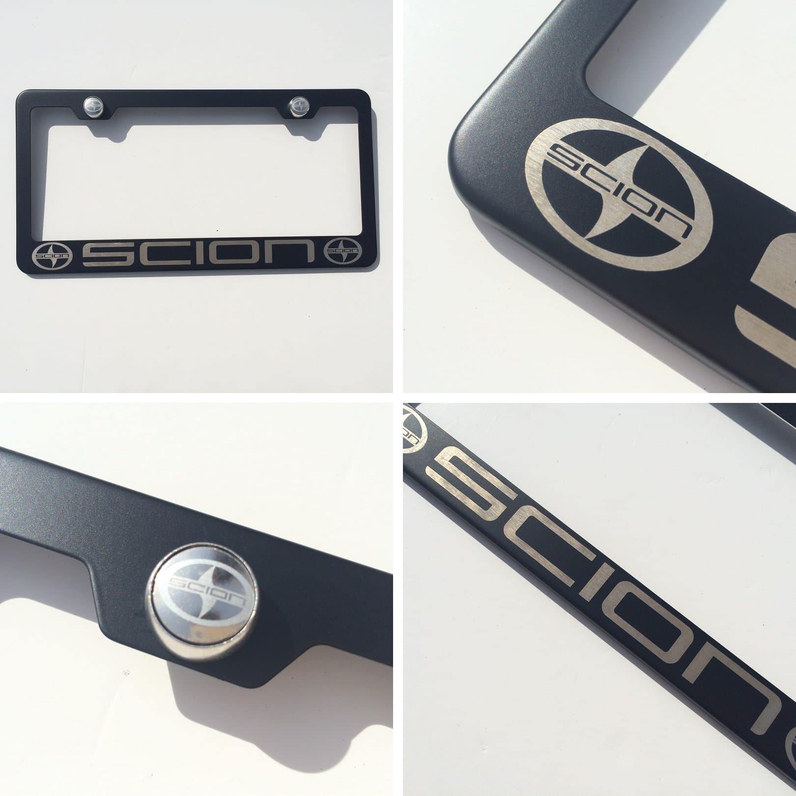 Black Laser Engraved Scion USA Stainless Steel License Plate Frame with Engraved Steel Logo Screw Cap Combo