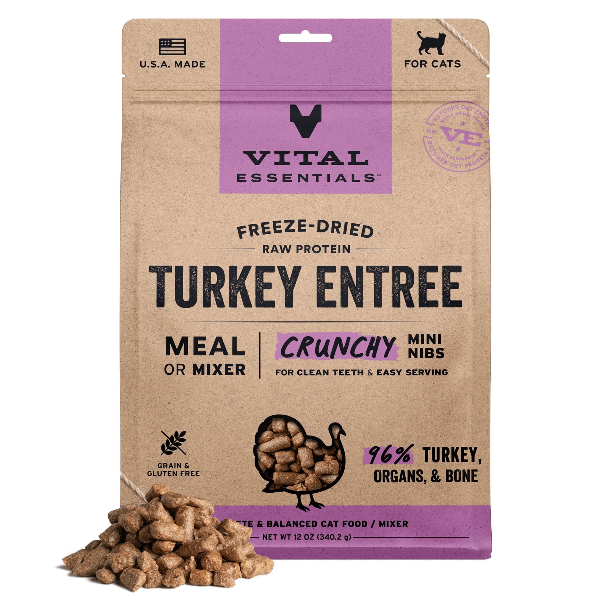 Vital Essentials Freeze Dried Cat Food, Raw Turkey Crunchy Mini Nibs | Complete Meal or Topper | 96% Turkey, Organs & Bone | Limited Ingredient, High Protein, Grain Free Dry Cat Food | 12 oz Bag