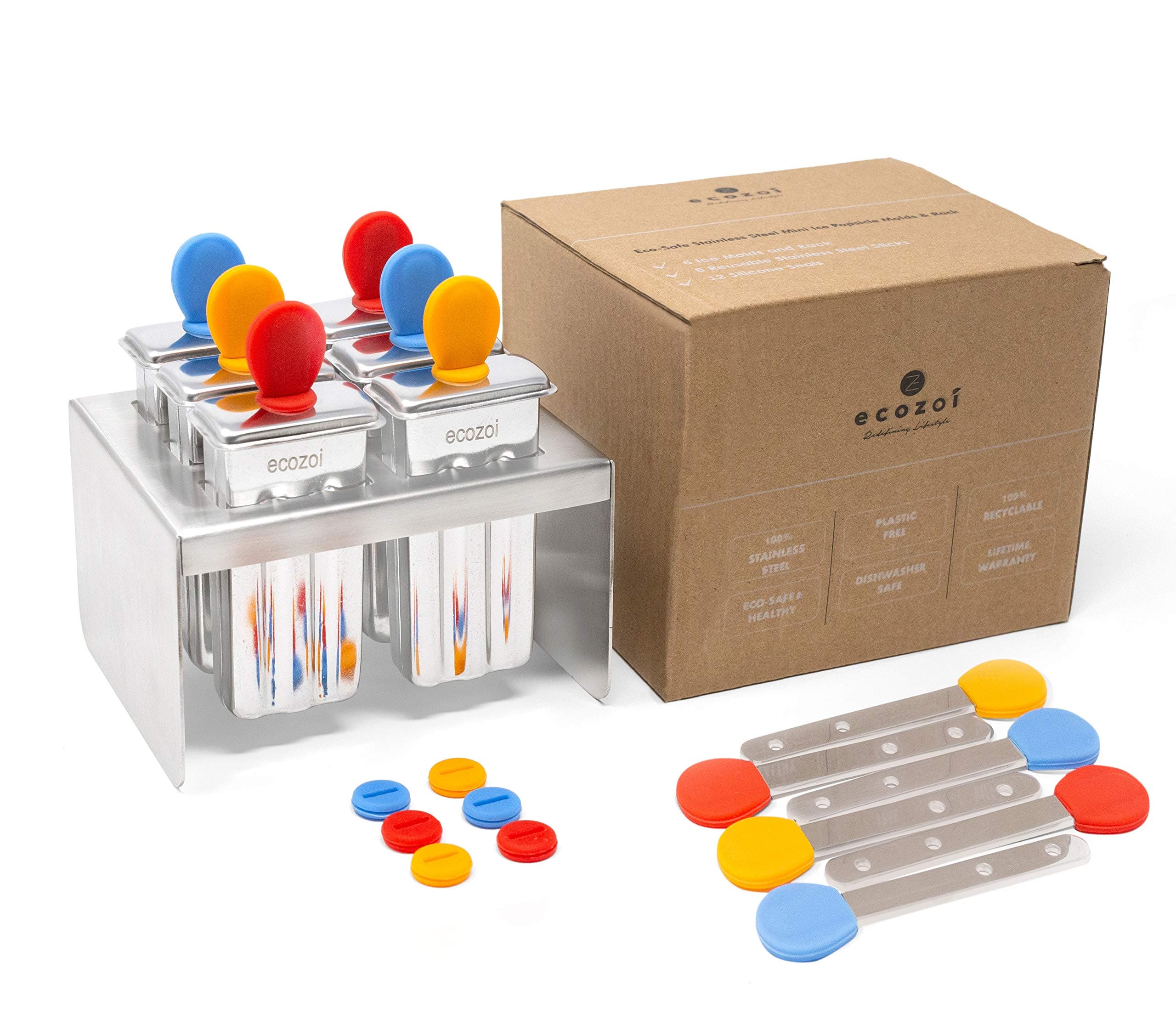 ecozoi Stainless Steel Popsicle Molds, 6 Mini Popsicle Makers, 6 Reusable Stainless Steel Sticks, 12 Silicone Seals and 1 Rack, Eco Popsicle Molds for Kids and Adults, 2 oz Per Mold (Square)