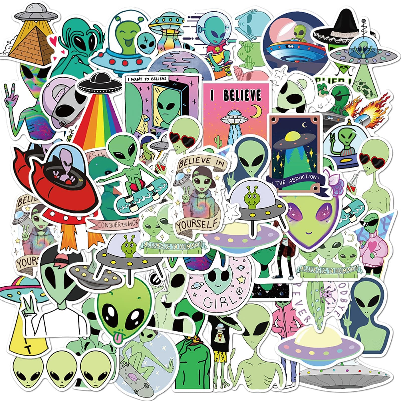 50Pcs Funny Alien Stickers for Adults, Cartoon Alien Creature Sticker Vinyl Waterproof Stickers for Water Bottle, Laptop, Phone, Skateboard, Scrapbook, Journal, Luggage, Party Supplies (Aliens)