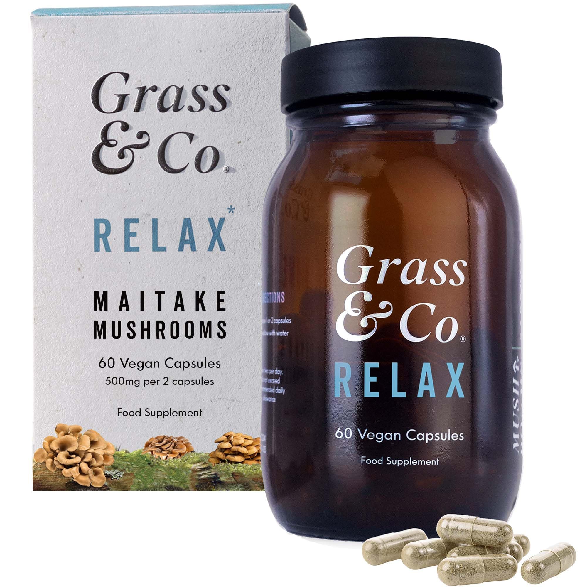 – Grass & Co. Magnesium 200mg & Maitake Mushroom 400mg Capsules with Ashwagandha & Vitamin B6 | Relax | Supports Stress Relief | Calm | 60 Capsules, 30 Servings