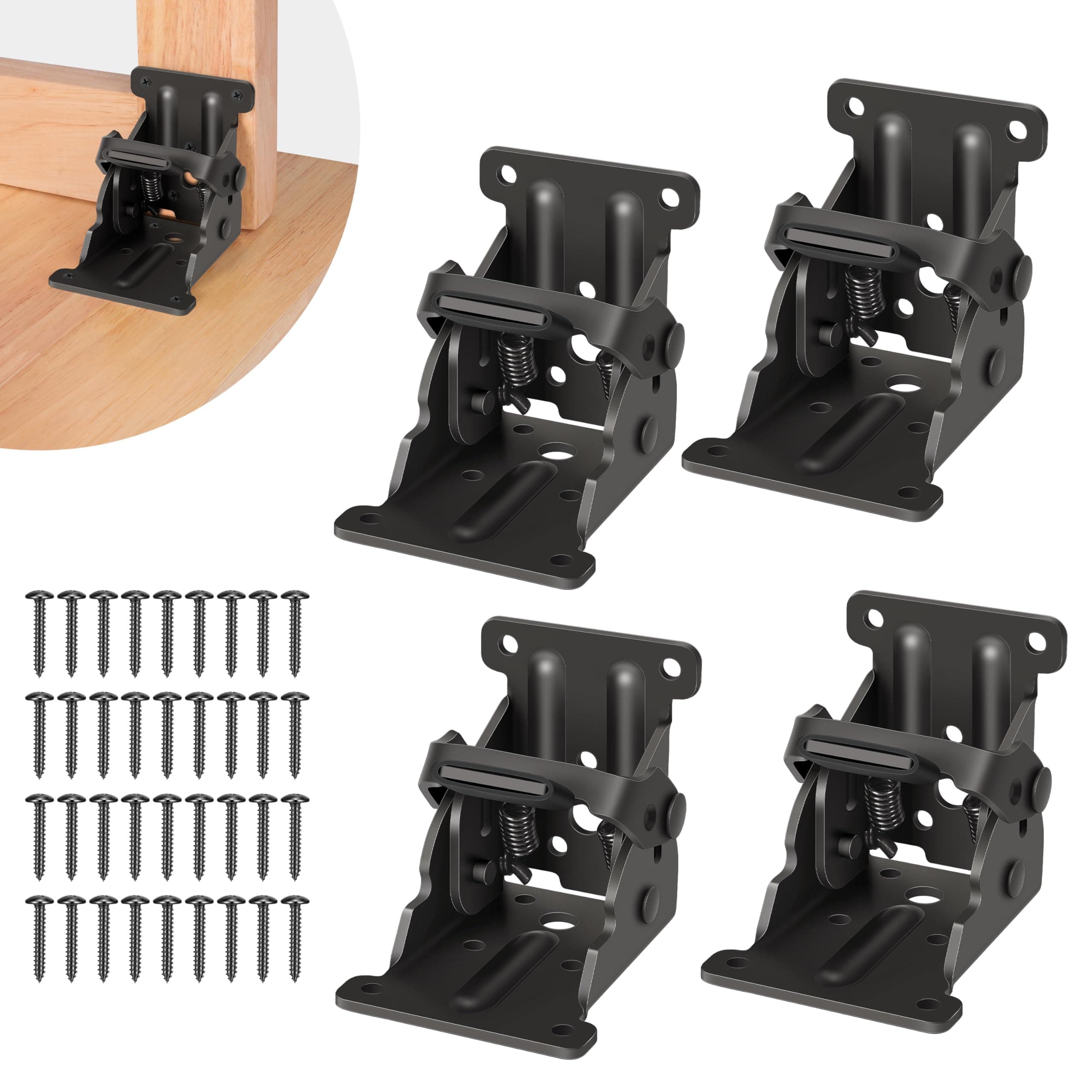 4 Pack Folding Brackets, Self-Lock Hinge with Screws for Folding Table Legs, Lock Extension Support Bracket Bed Legs, Black