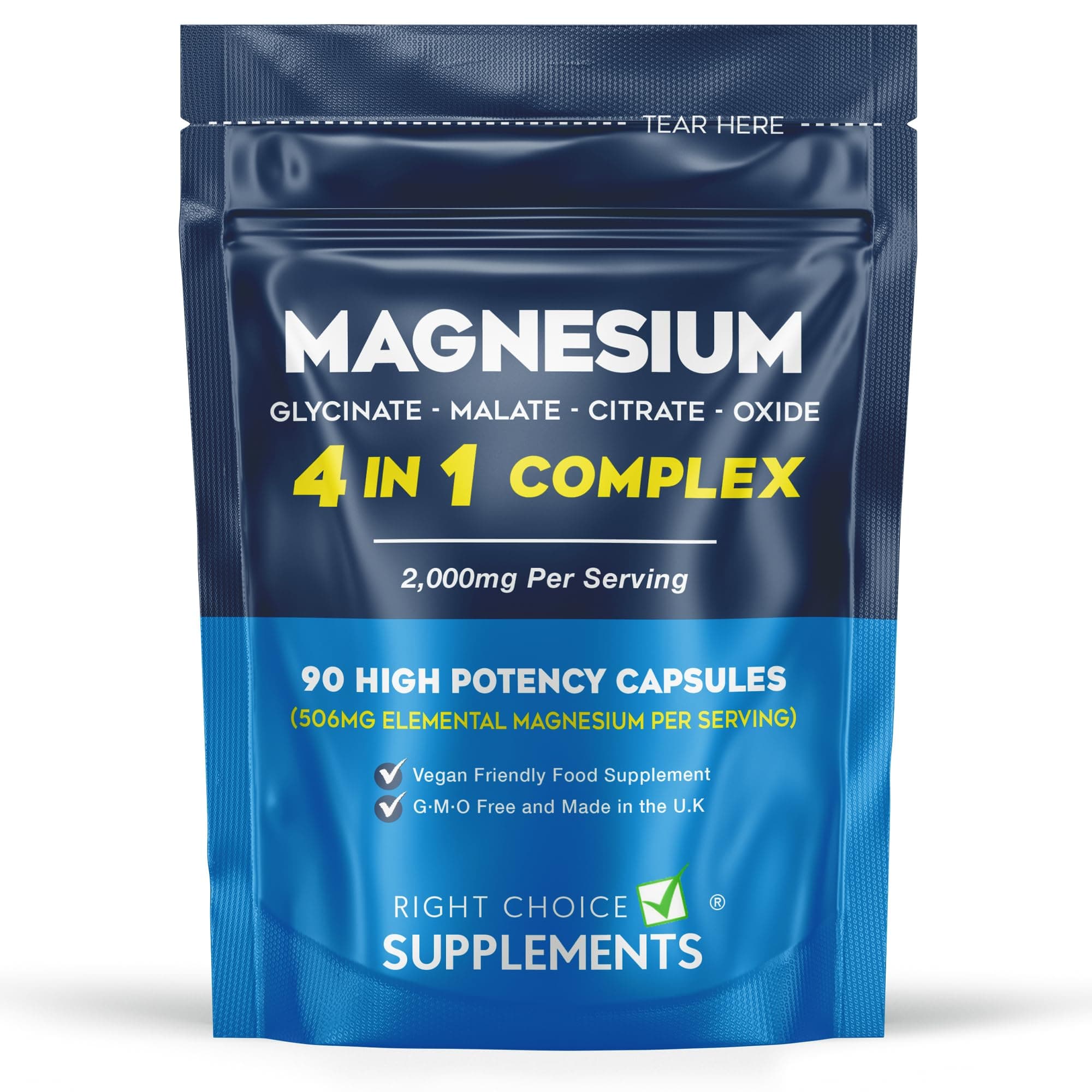 Magnesium Glycinate 4-in-1 Complex | 2000mg Per Serving as Bisglycinate, Malate, Citrate & Oxide | Quadruple Absorption 506mg Elemental | 90 High Strength Vegan Capsules | UK Made