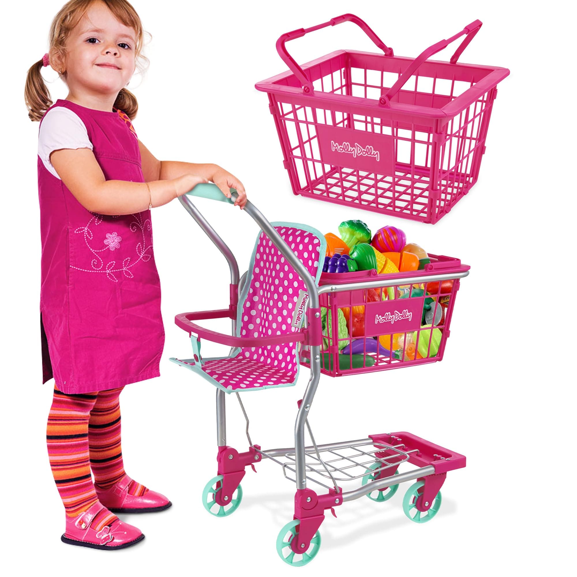 Molly Dolly 2 in 1 Kids Shopping Trolley & Basket Playset - Toy Cart For Kids, Pink