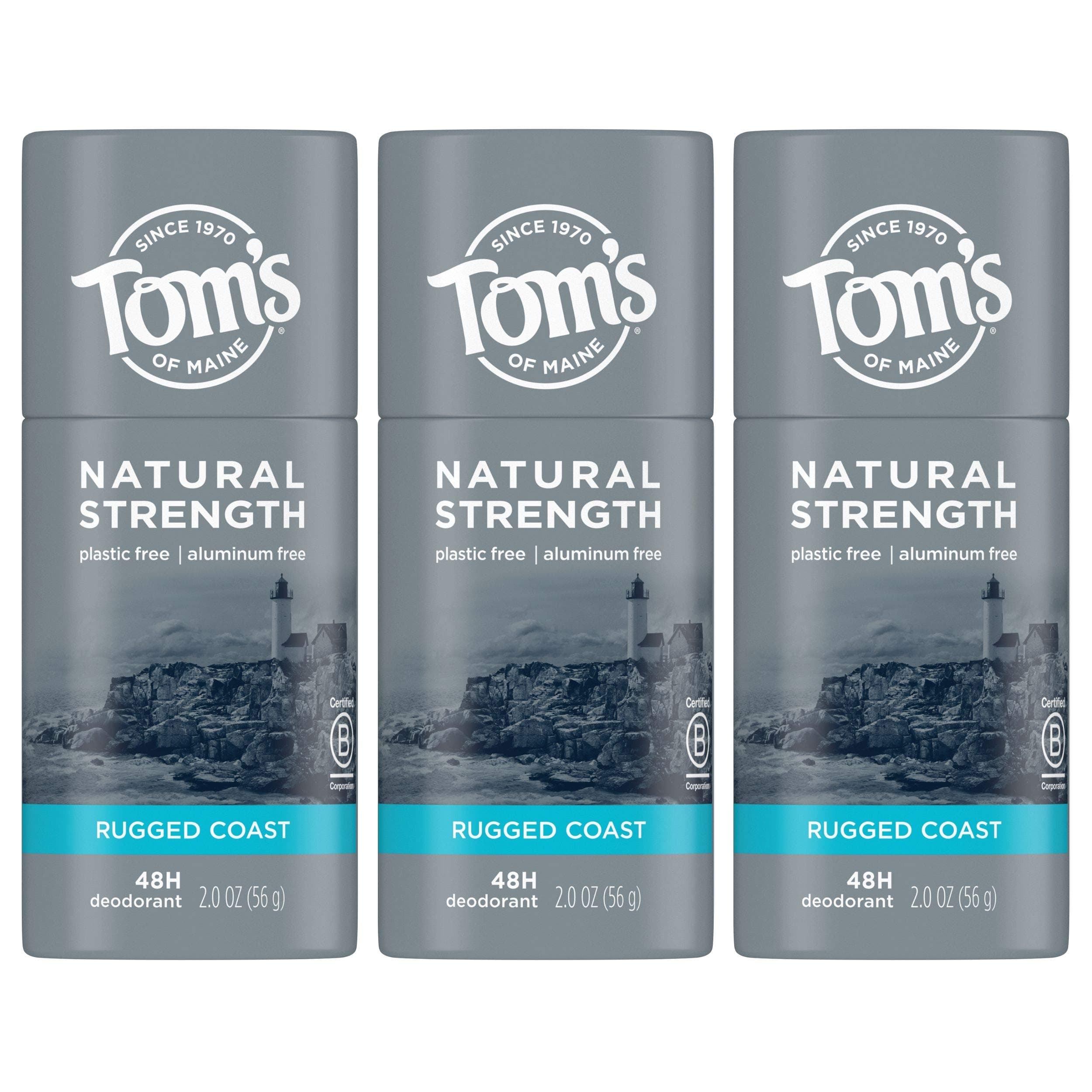 Tom's of Maine Natural Strength Plastic-Free Aluminum-Free Deodorant for Men, Rugged Coast, 2 oz. 3-Pack (Packaging May Vary)