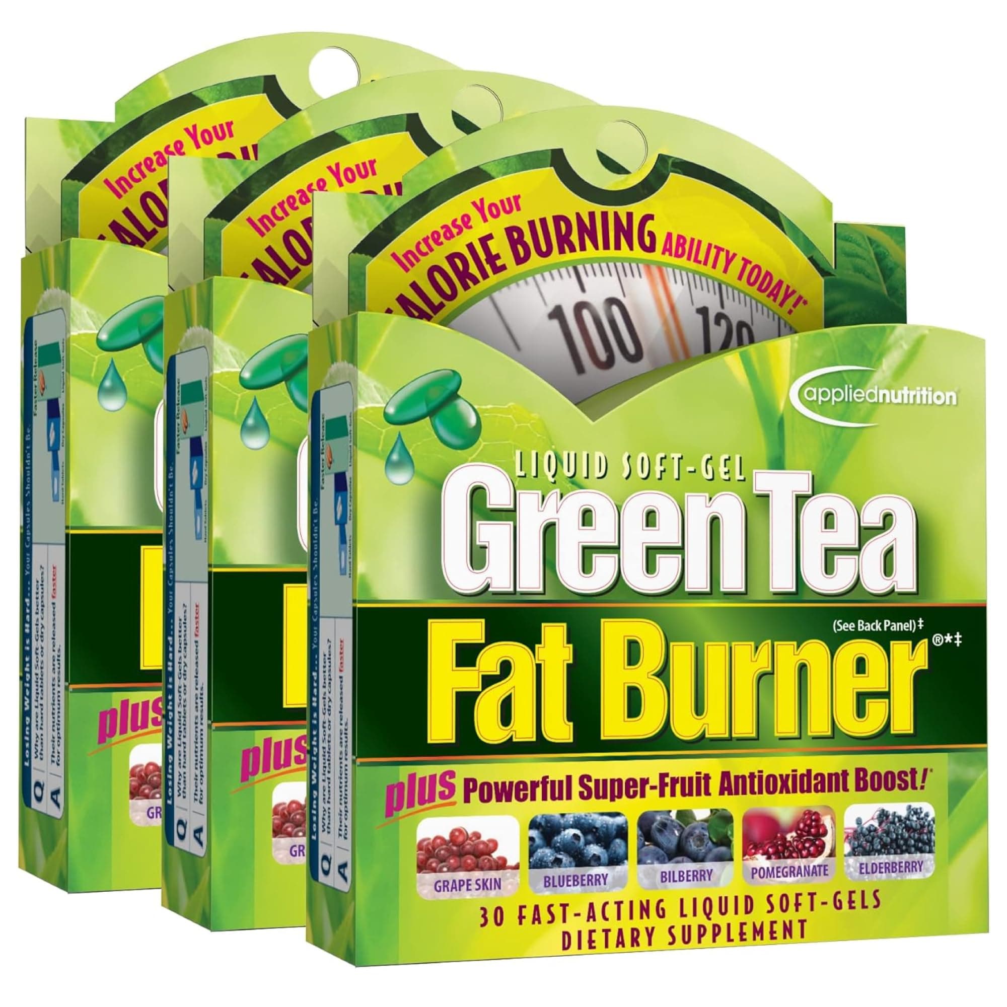 Applied Nutrition Green Tea Fat Burner - 30 Liquid Soft-Gels, Pack of 3 - Increases Calorie Burning & Supplies Powerful Antioxidants - 45 Total Servings