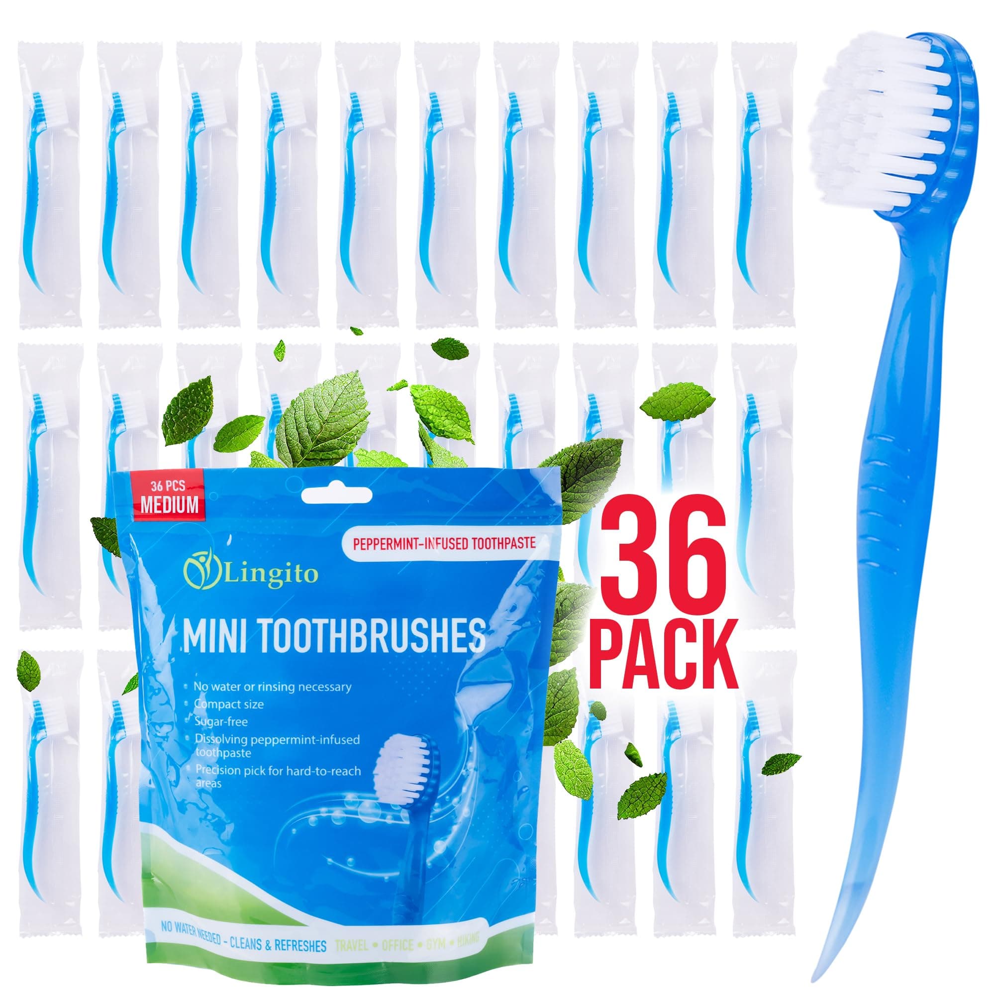Bulk Toothbrushes - Prepasted Mini Disposable Toothbrush Set (36 Pack - Medium, Individually Wrapped for Travel)