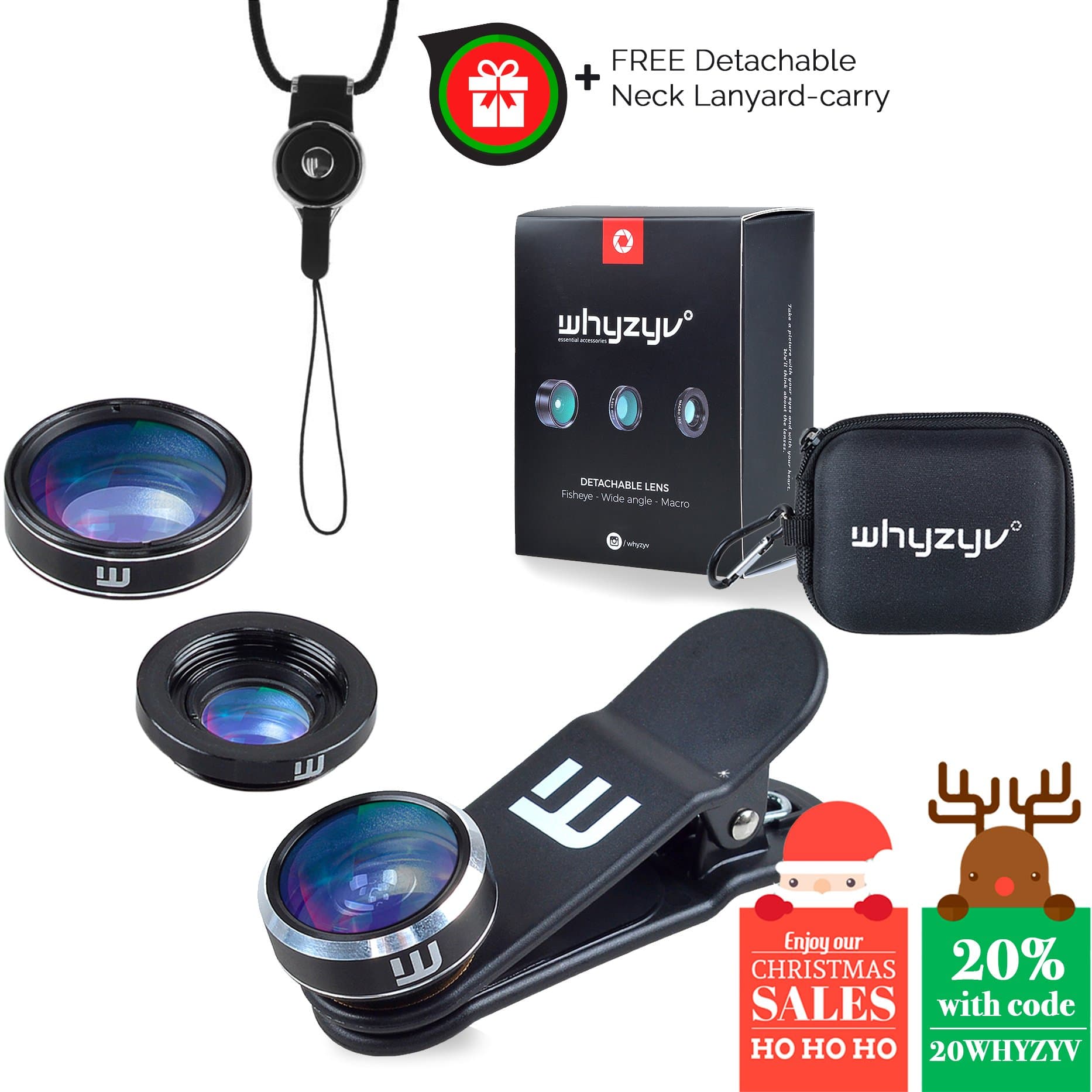 Whyzyv - Best Phone Camera Lens Kit 3 in 1 Clip-on for iPhone 5 6 7 Plus, Samsung S6 S7 S8, LG, Huawei, Nexus, MacBook and Smartphone. Fisheye, wide angle, macro lens, travel bag, neck lanyard-carry