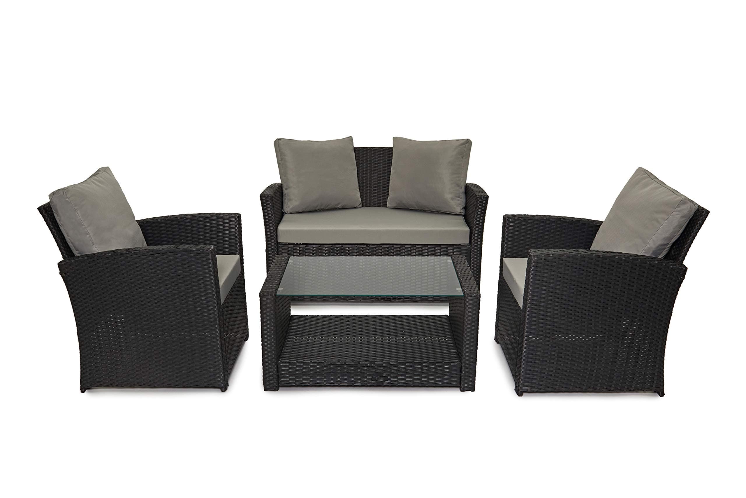 4 Seater Rattan Garden Conservatory Patio Furniture Sofa Armchair Roma Set with Glass Top Coffee Table Wicker Weave Sofa and Cushions (Black)