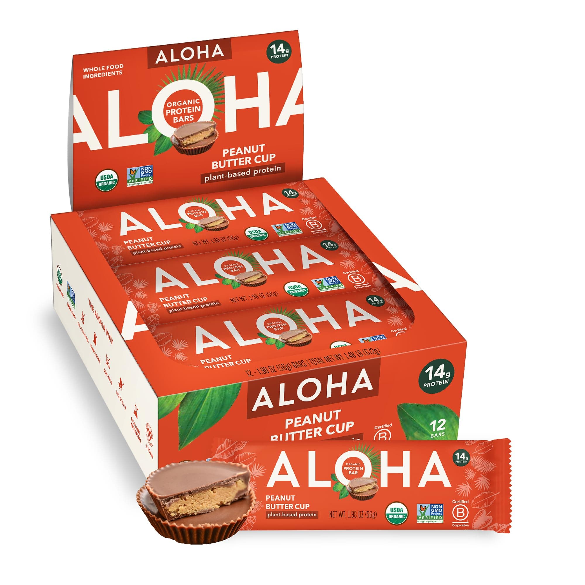 ALOHA Organic Plant Based Protein Bar - Peanut Butter Cup Bars - 12 Bars - Vegan, Low Sugar, Gluten Free, Low Carb, Non-GMO, No Stevia, No Erythritol