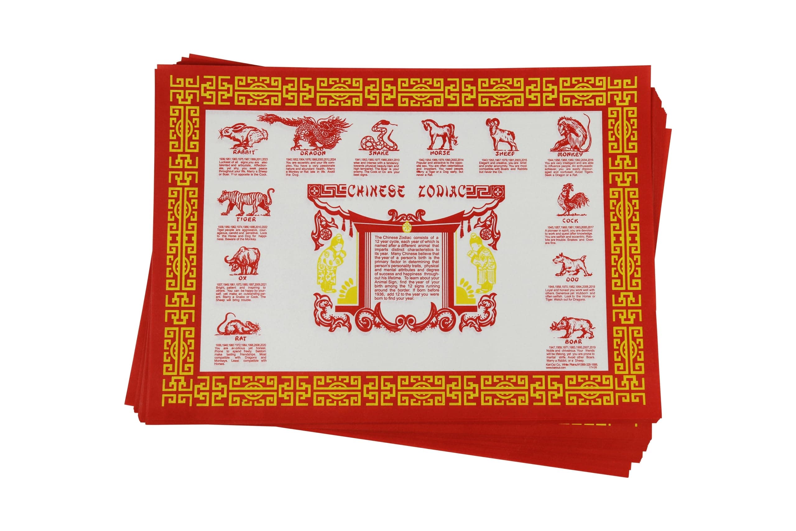 Chinese Zodiac Animal Personality Paper Placemats, for Dining Table, Party, Approximately 10x14, Pack of 50