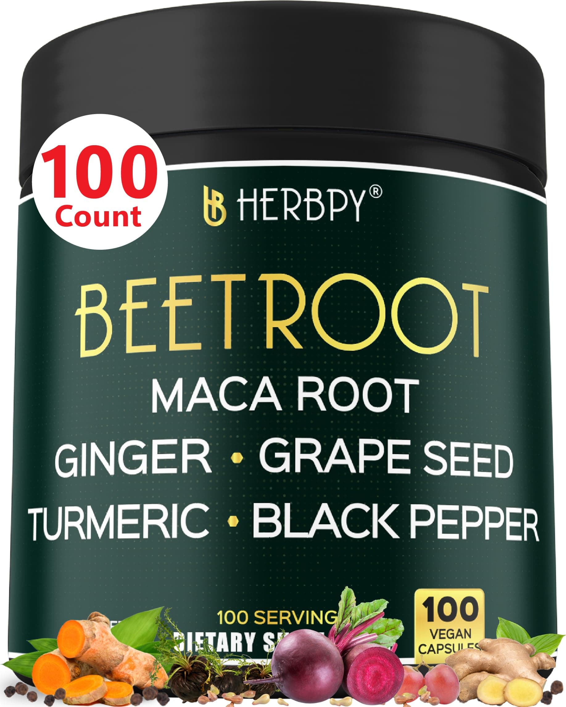 6in1 Beetroot Supplement with Maca Root, Grape Seed, Ginger, Turmeric and Black Pepper for Heart Health & Immune Support - 100 Vegan Capsules