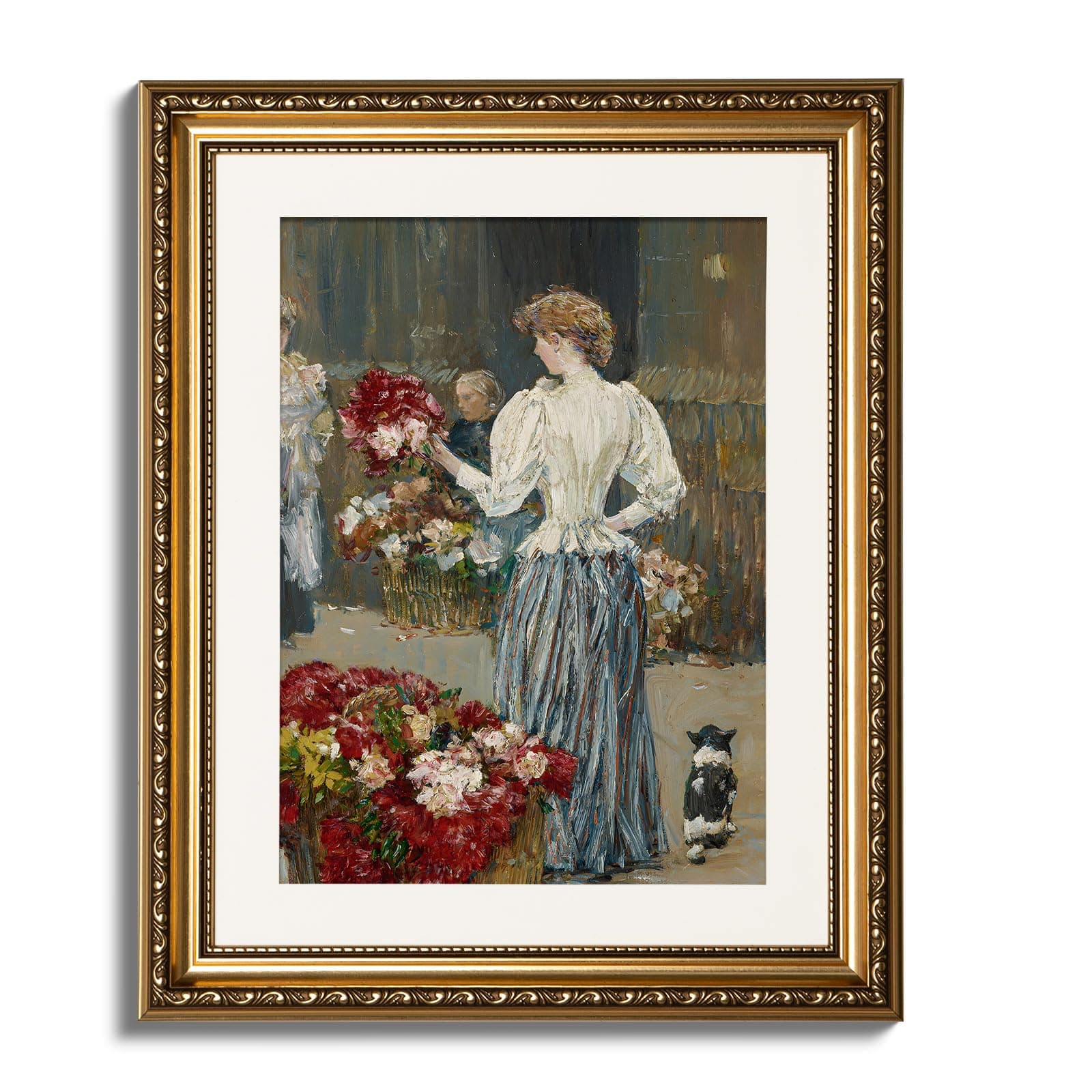ARPEOTCY Vintage Gold Framed Wall Art, Retro Floral Flowers Girl City Street Canvas Prints Artwork with Antique Frame, Victorian Wall Paintings Decor for Living Room Gallery, 13x16 inch