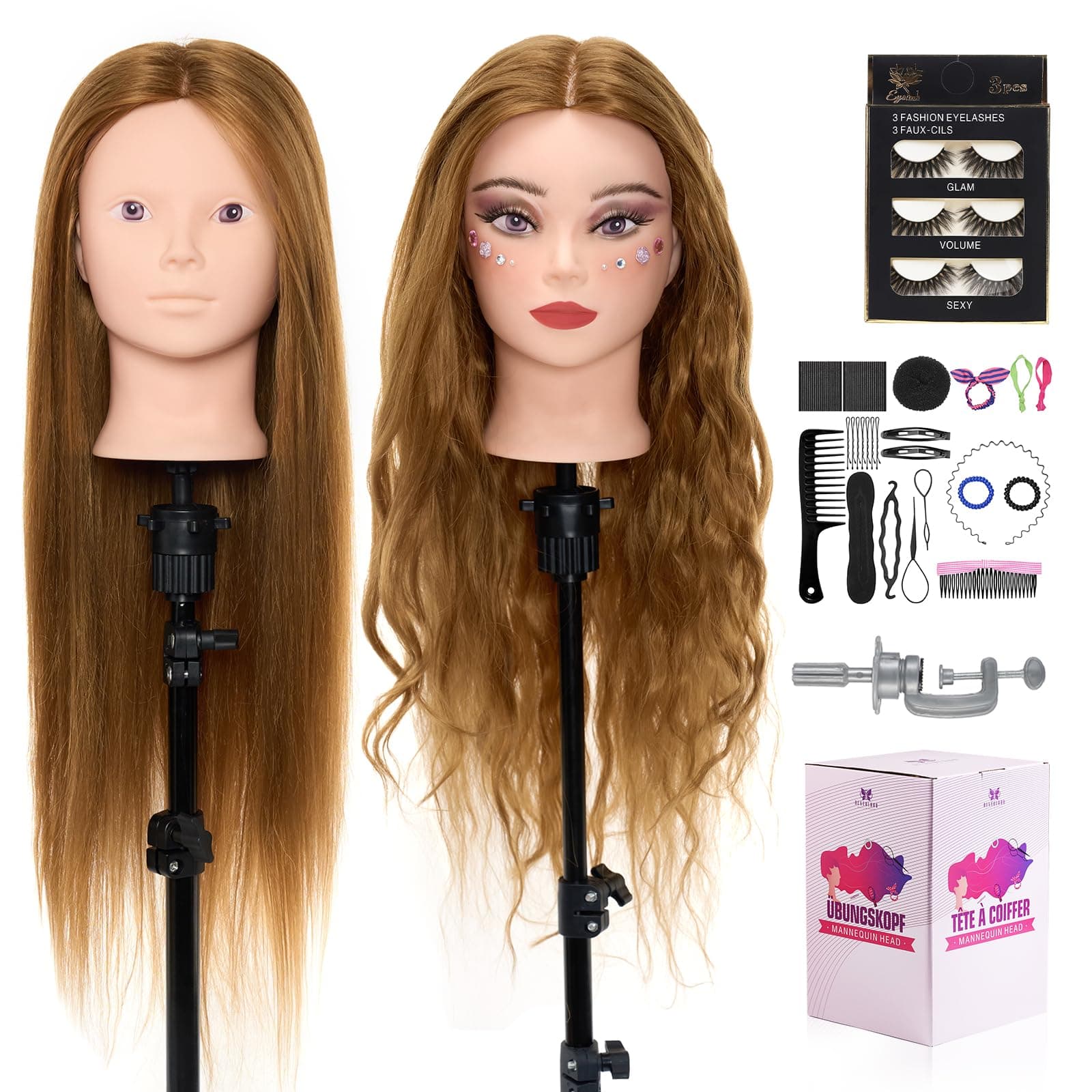 Mannequin Head with 80% Real Human hair- 28" Hair Mannequin Heads for Make up, Braiding Hairdressing Doll Head for Styling with Table Clamp + DIY Hair Styling Set